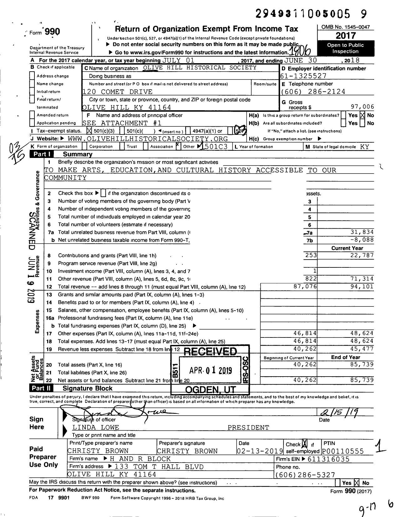 Image of first page of 2017 Form 990 for Olive Hill Historical Society