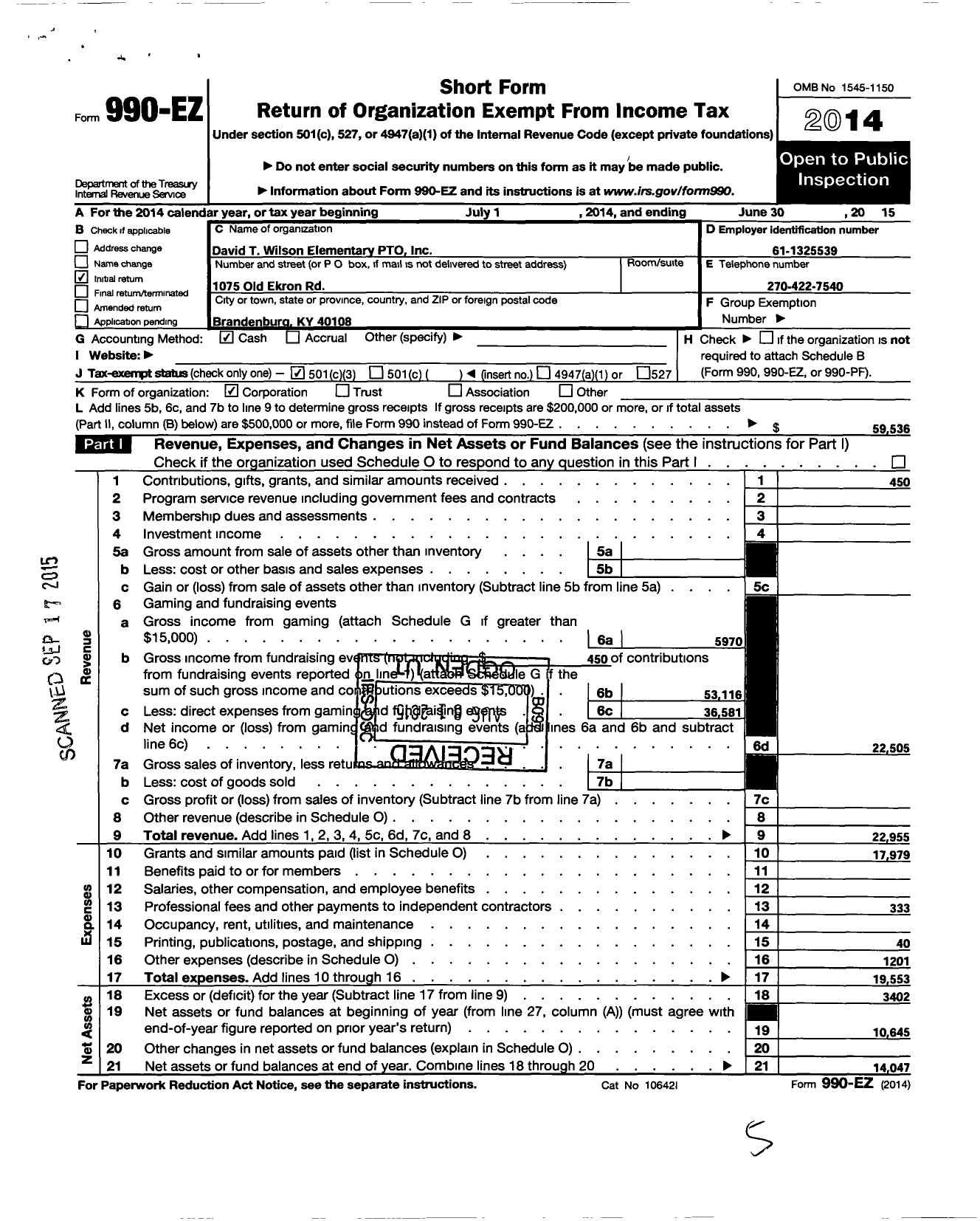 Image of first page of 2014 Form 990EZ for David T Wilson Elementary Pto