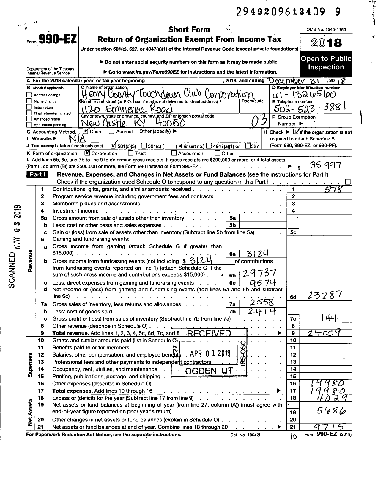 Image of first page of 2018 Form 990EZ for Henry County Touchdown Club Corporation