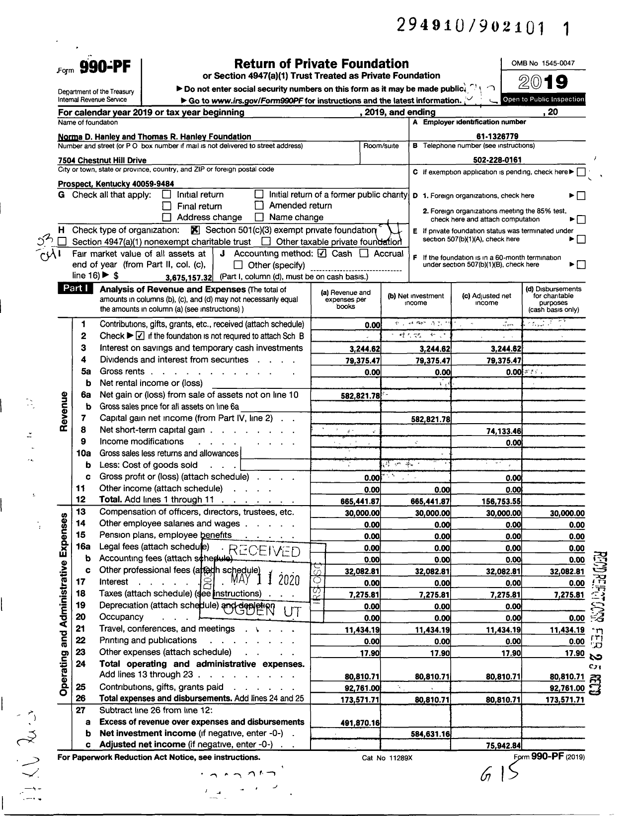 Image of first page of 2019 Form 990PF for Norma D Hanley and Thomas R Hanley Foundation