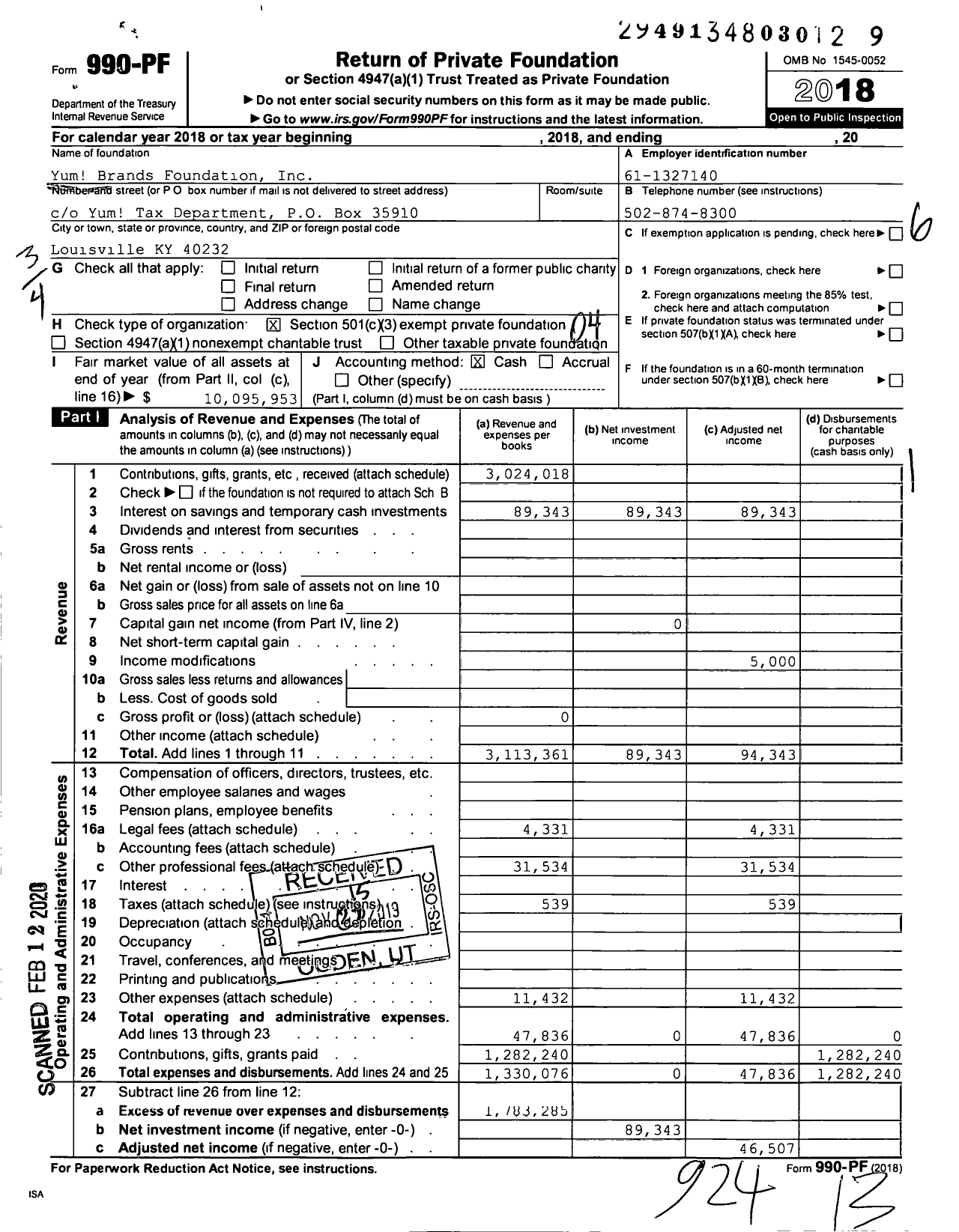 Image of first page of 2018 Form 990PF for Yum Brands Foundation