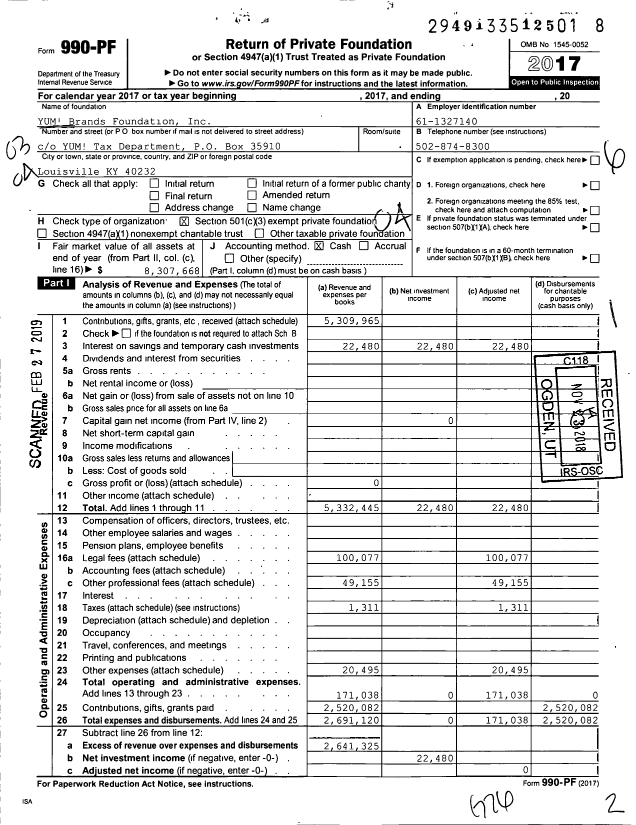 Image of first page of 2017 Form 990PF for Yum Brands Foundation