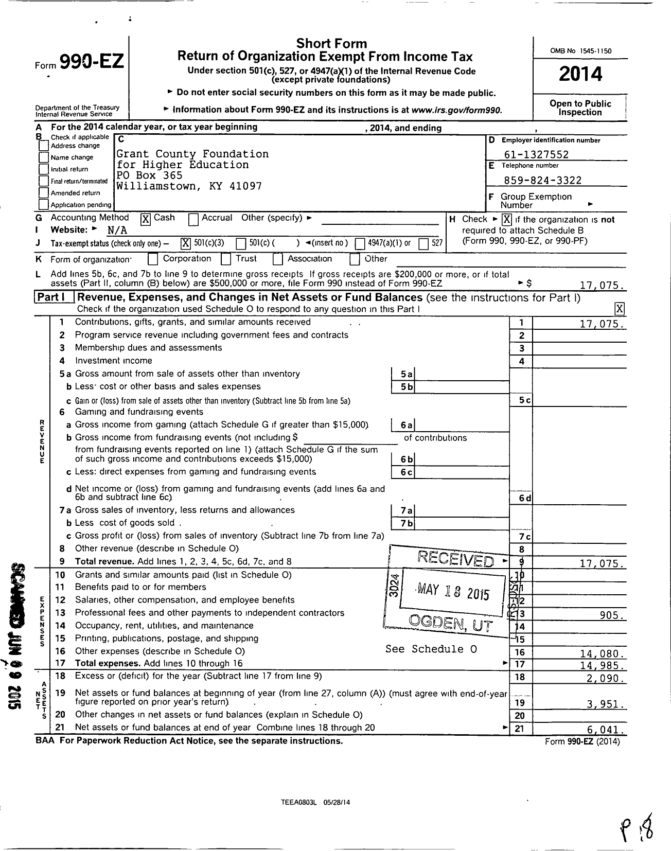 Image of first page of 2014 Form 990EZ for Grant County Foundation for Higher Education