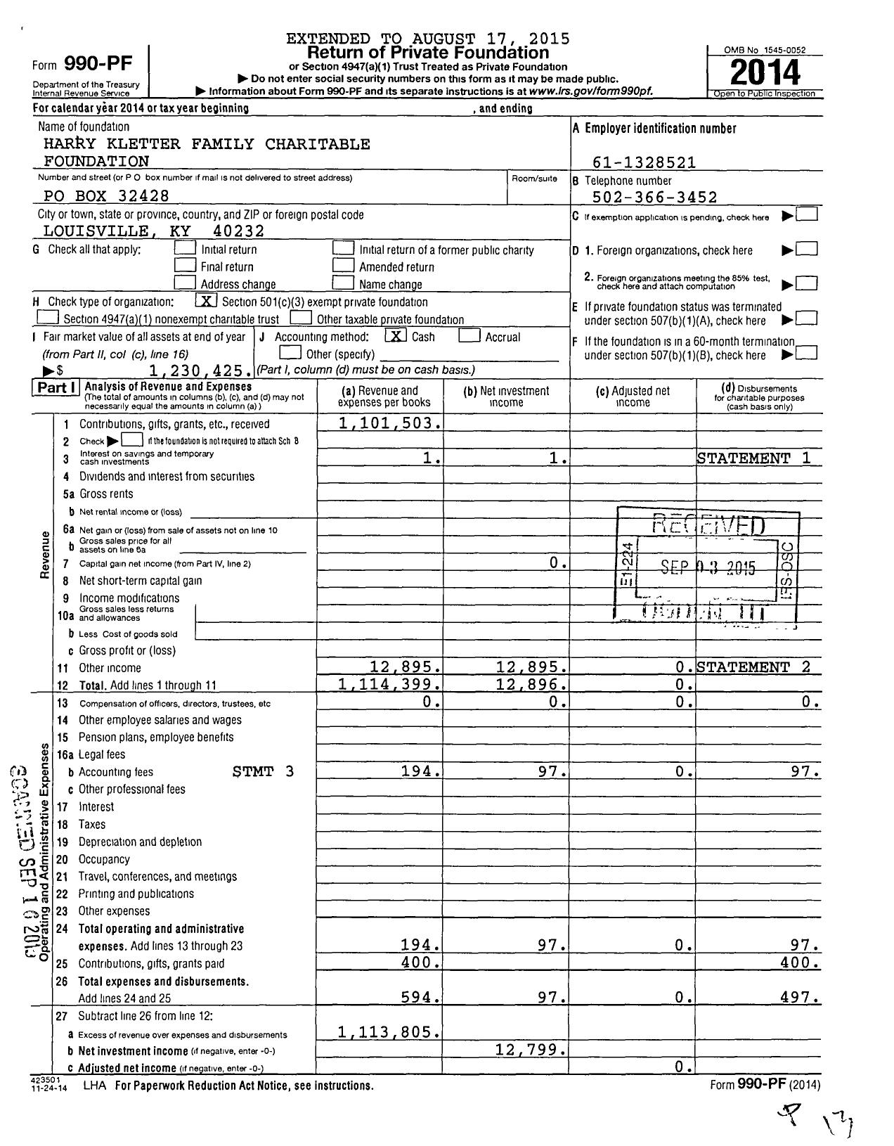 Image of first page of 2014 Form 990PF for Harry Kletter Family Charitable Foundation