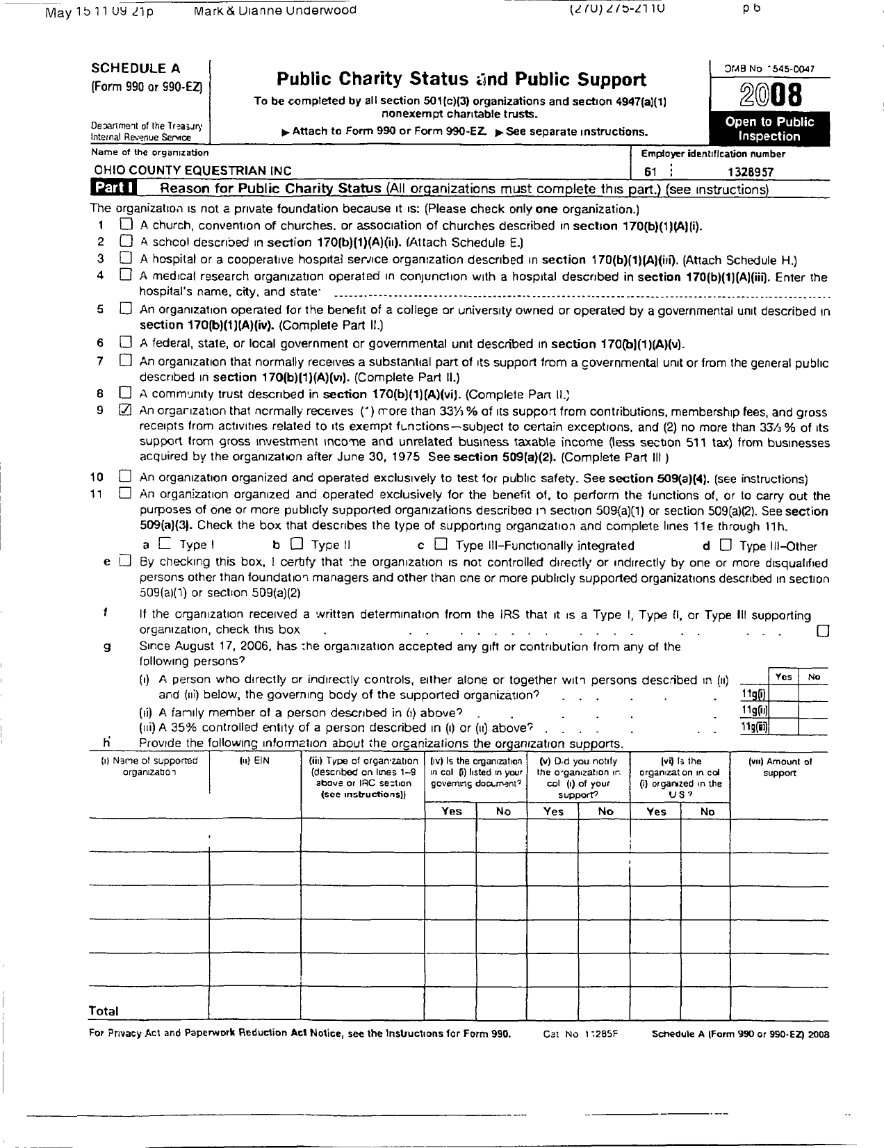 Image of first page of 2008 Form 990ER for Ohio County Equestrian