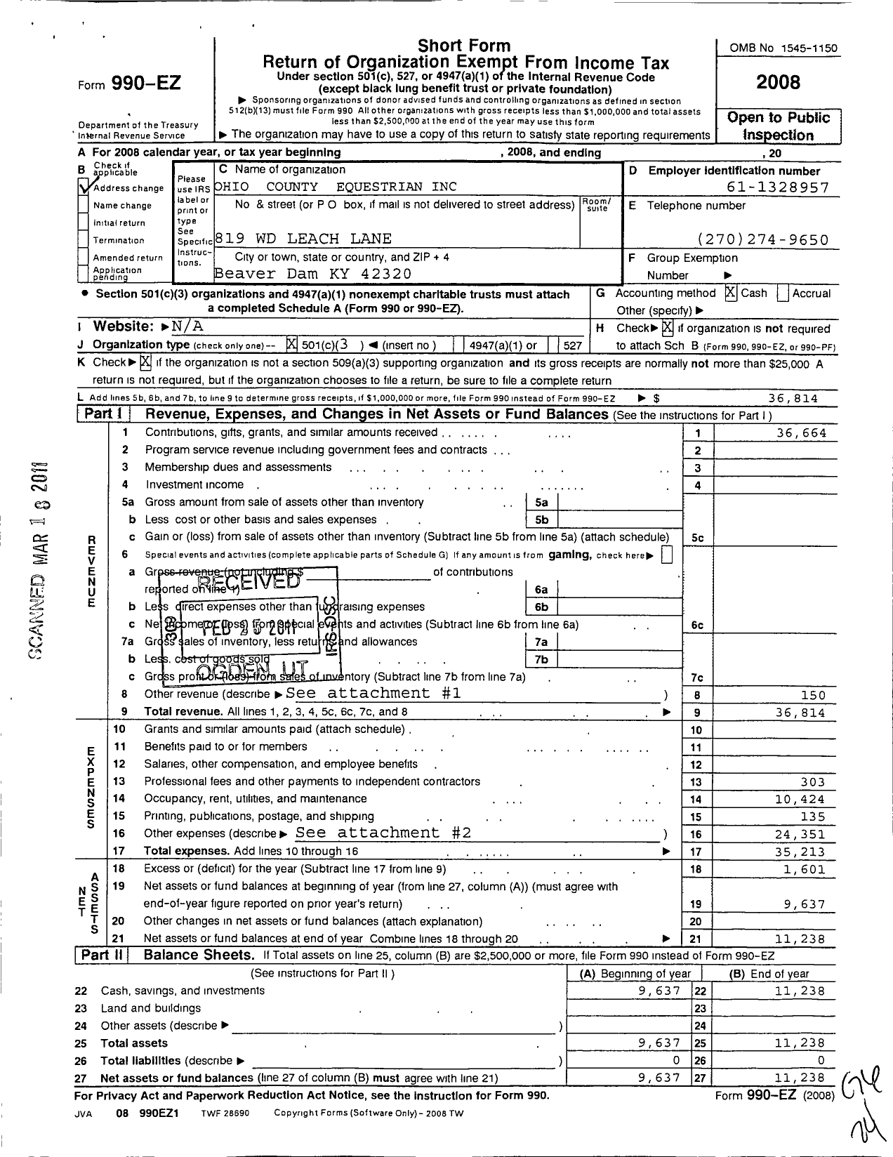 Image of first page of 2008 Form 990EZ for Ohio County Equestrian