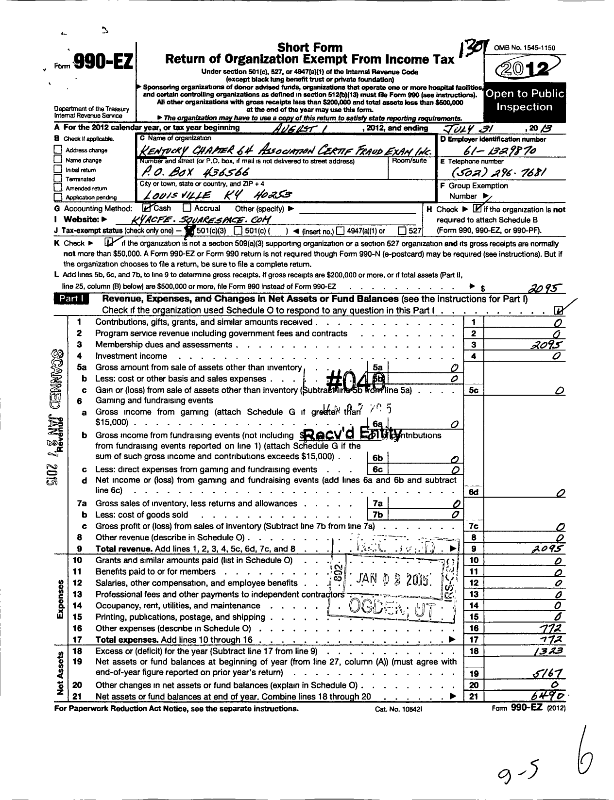 Image of first page of 2012 Form 990EZ for Kentucky Chapter 64 Association of Certified Fraud Examiners