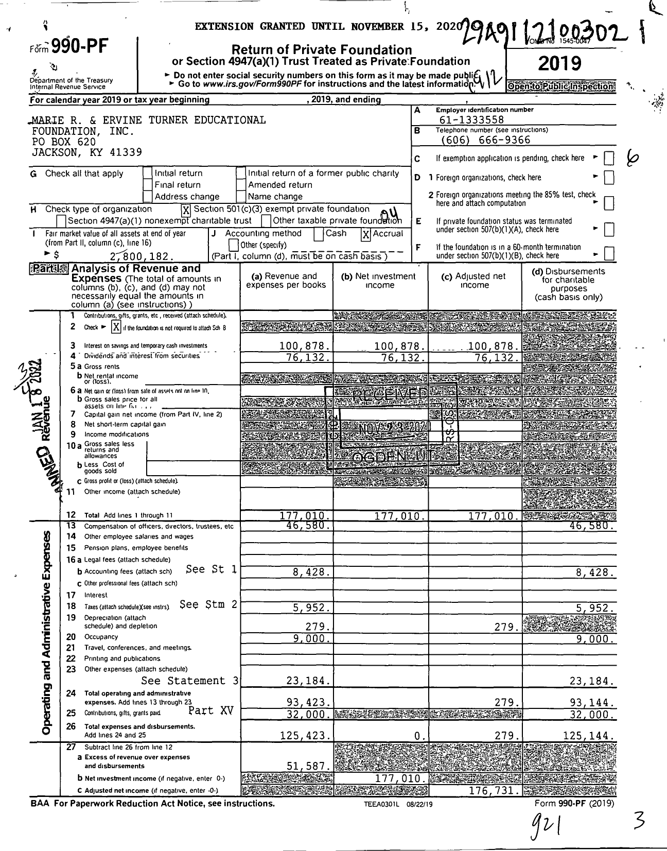 Image of first page of 2019 Form 990PF for Marie R and Ervine Turner Educational Foundation