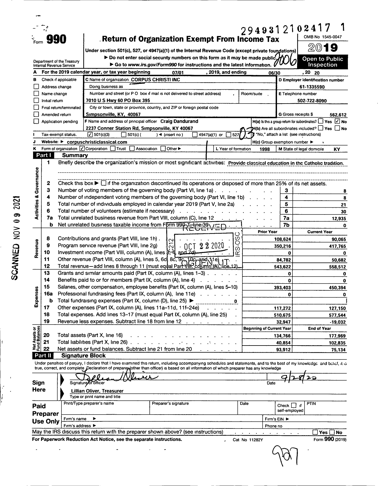 Image of first page of 2019 Form 990 for Corpus Christi