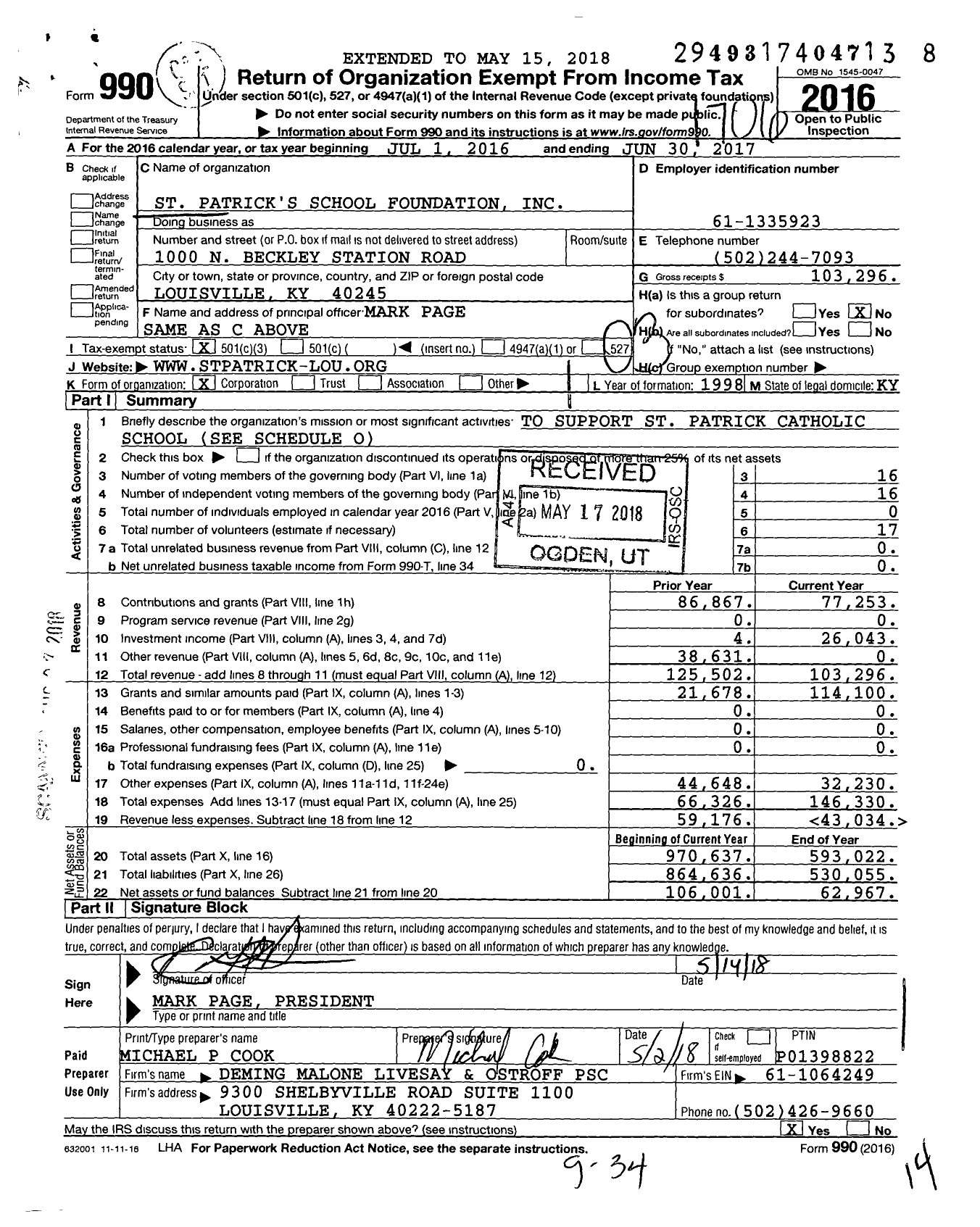 Image of first page of 2016 Form 990 for St Patrick's School Foundation