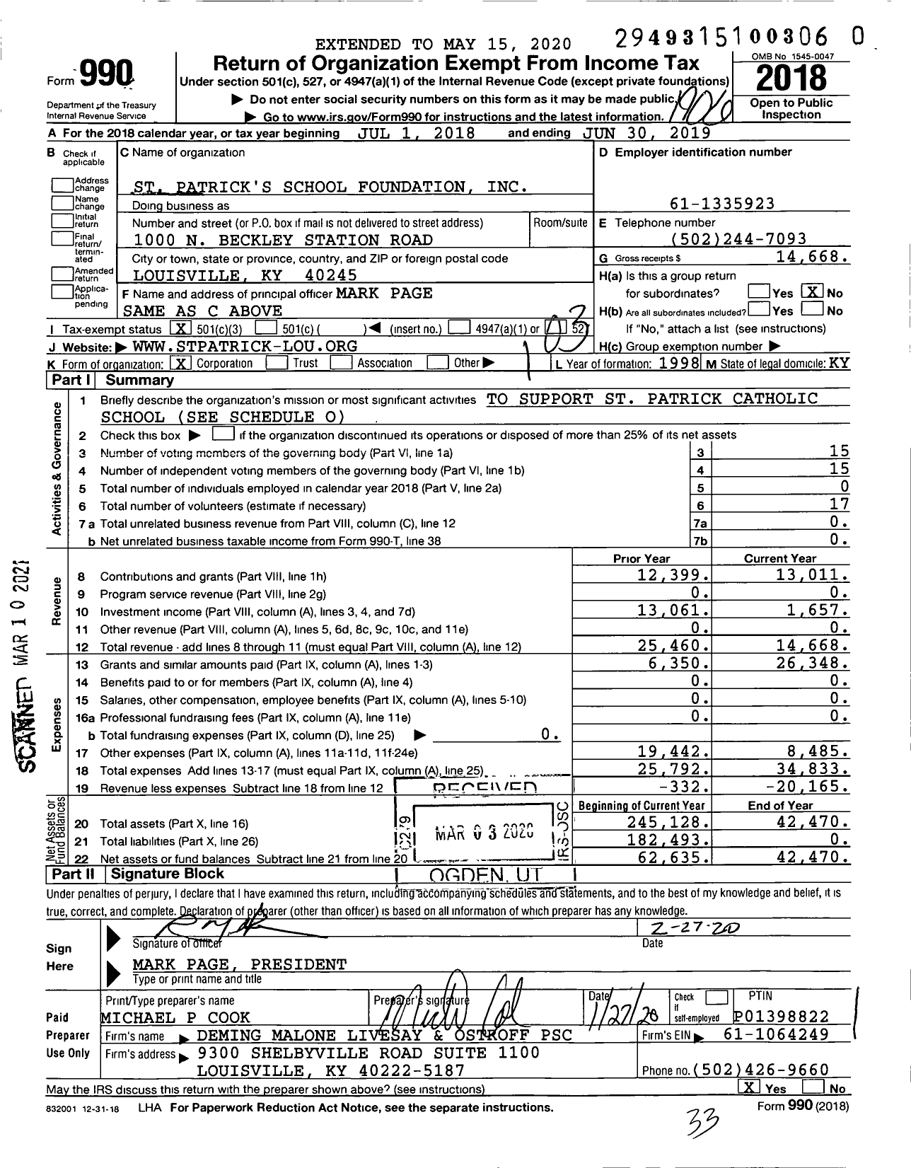 Image of first page of 2018 Form 990 for St Patrick's School Foundation