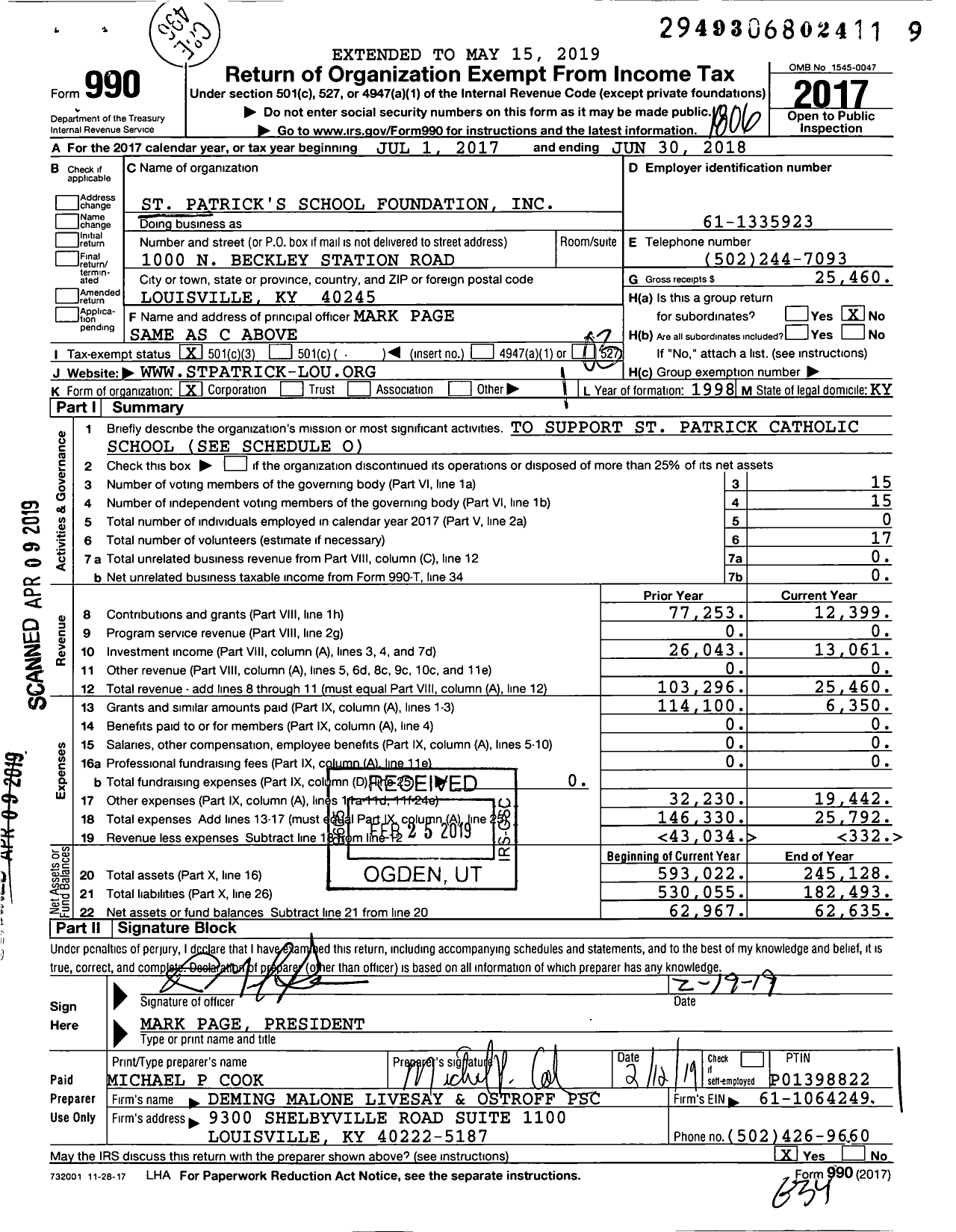 Image of first page of 2017 Form 990 for St Patrick's School Foundation