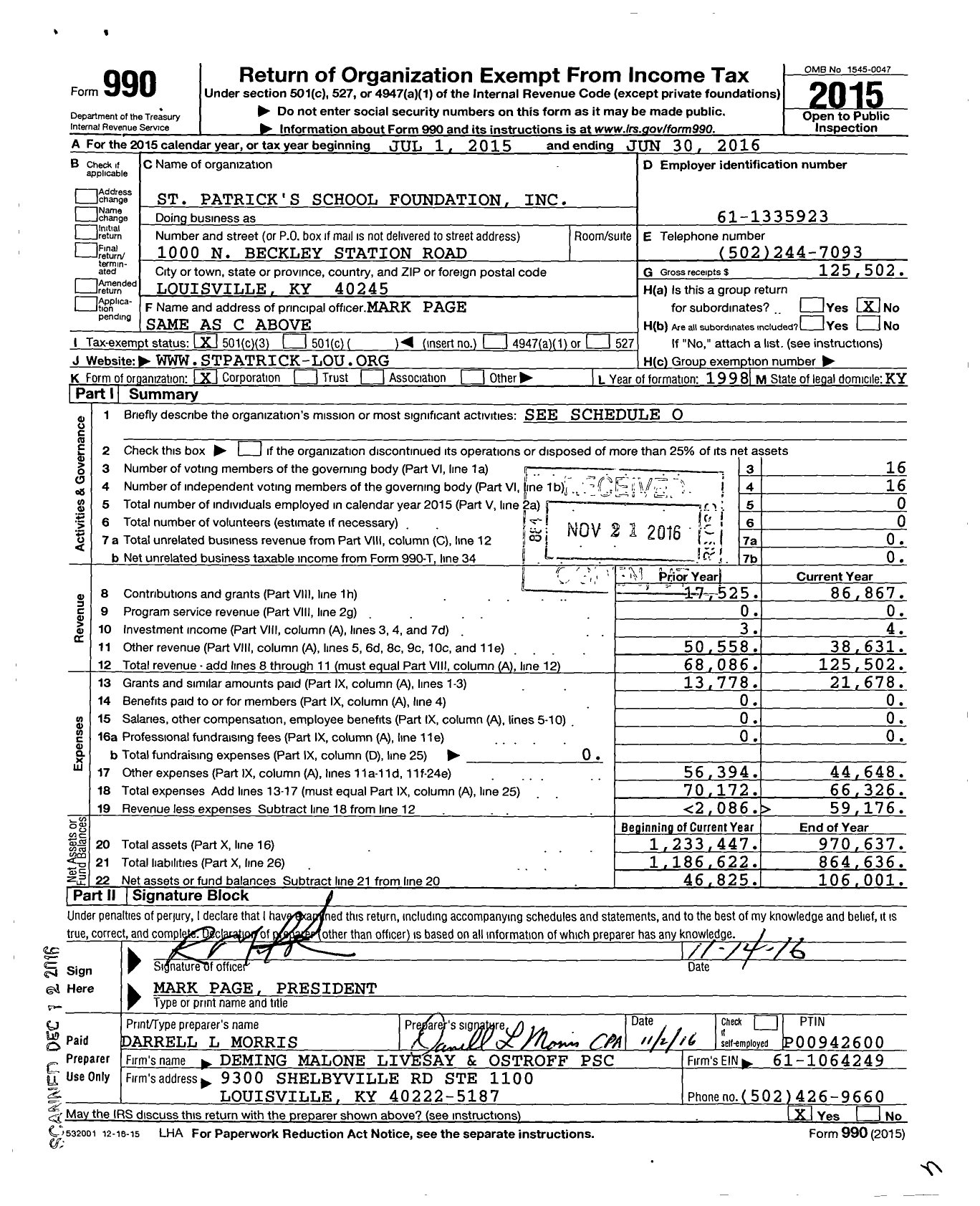 Image of first page of 2015 Form 990 for St Patrick's School Foundation