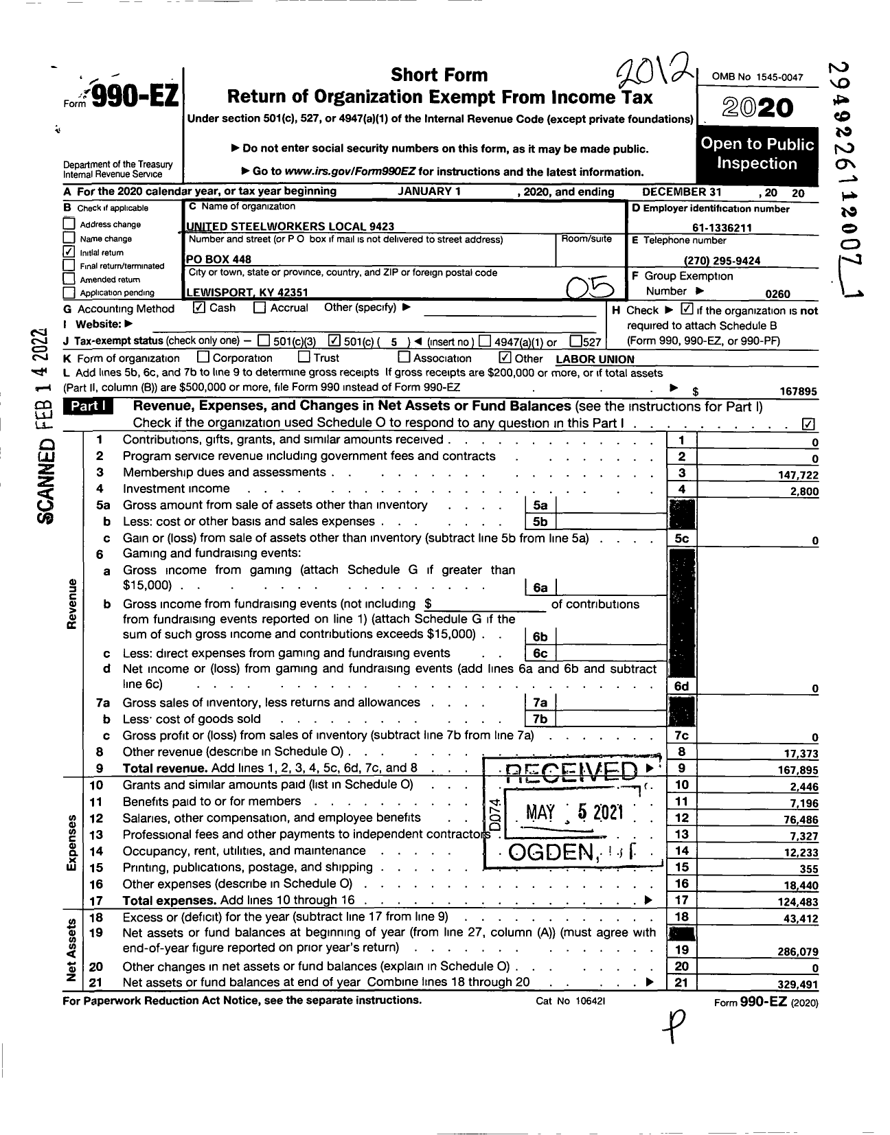 Image of first page of 2020 Form 990EO for United Steelworkers - 09423 Local