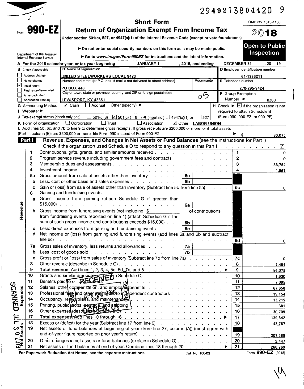 Image of first page of 2018 Form 990EO for United Steelworkers - 09423 Local