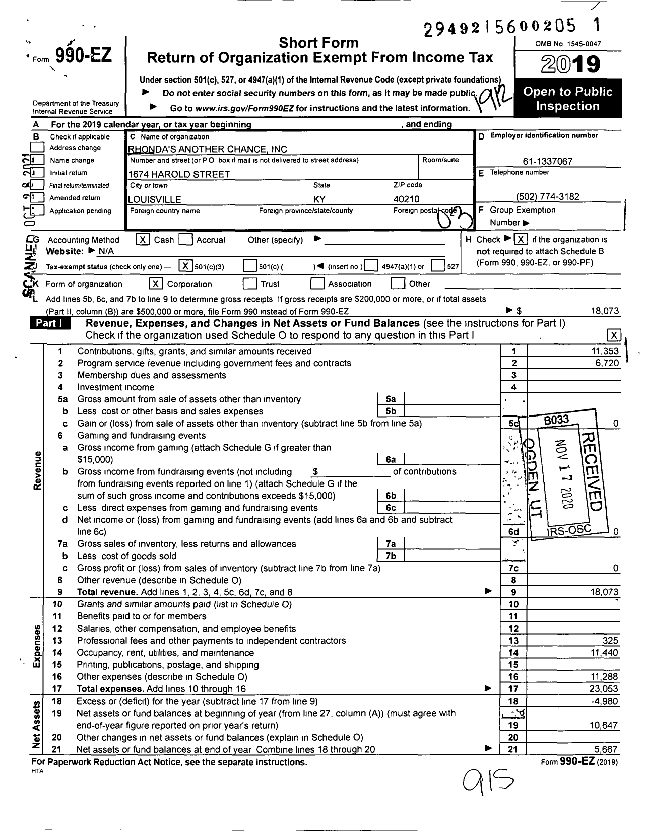 Image of first page of 2019 Form 990EZ for Rhonda's Another Chance