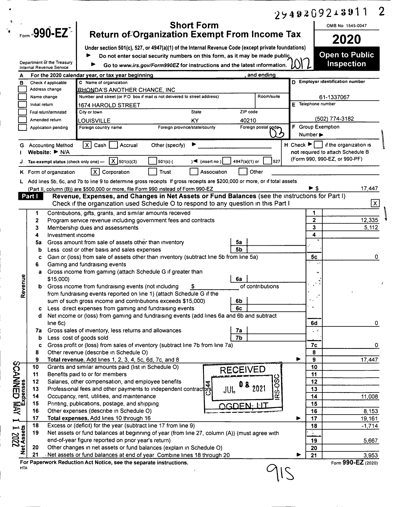 Image of first page of 2020 Form 990EZ for Rhonda's Another Chance