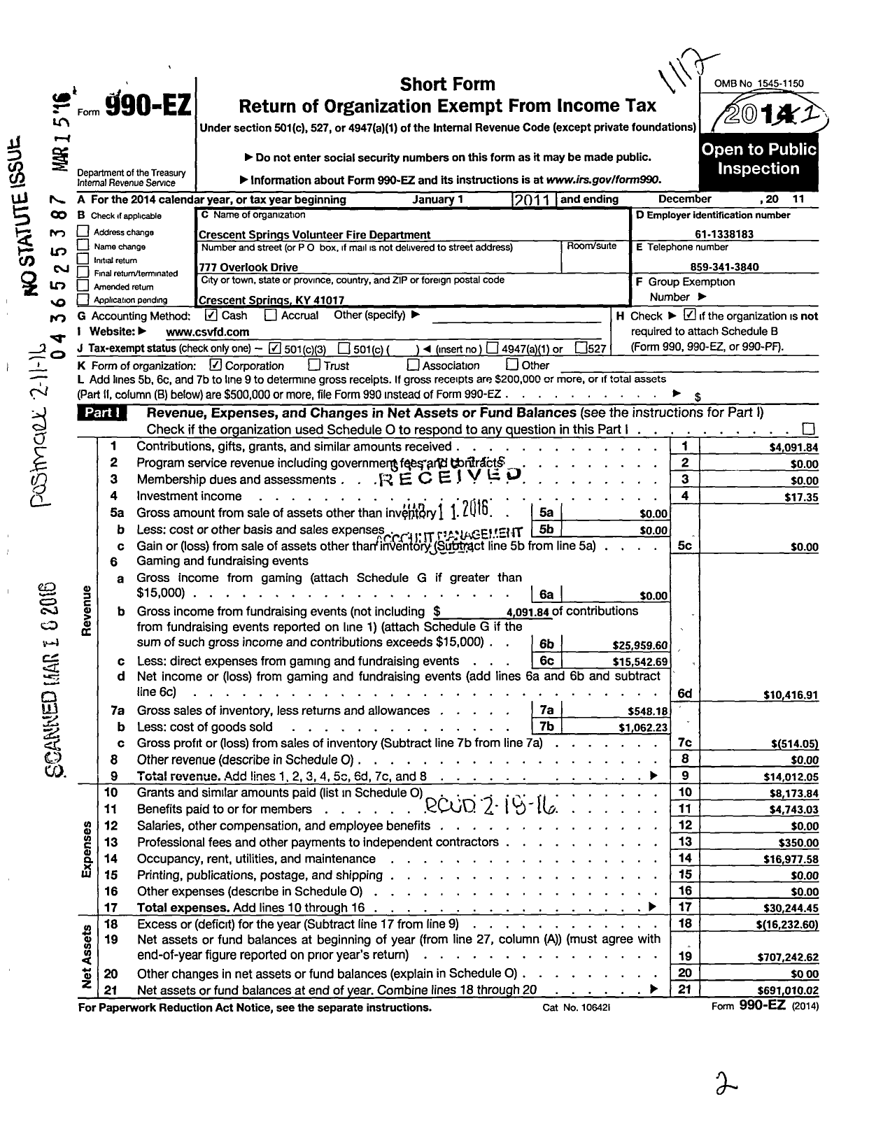 Image of first page of 2011 Form 990EZ for Crescent Springs Fire Department Incorporated