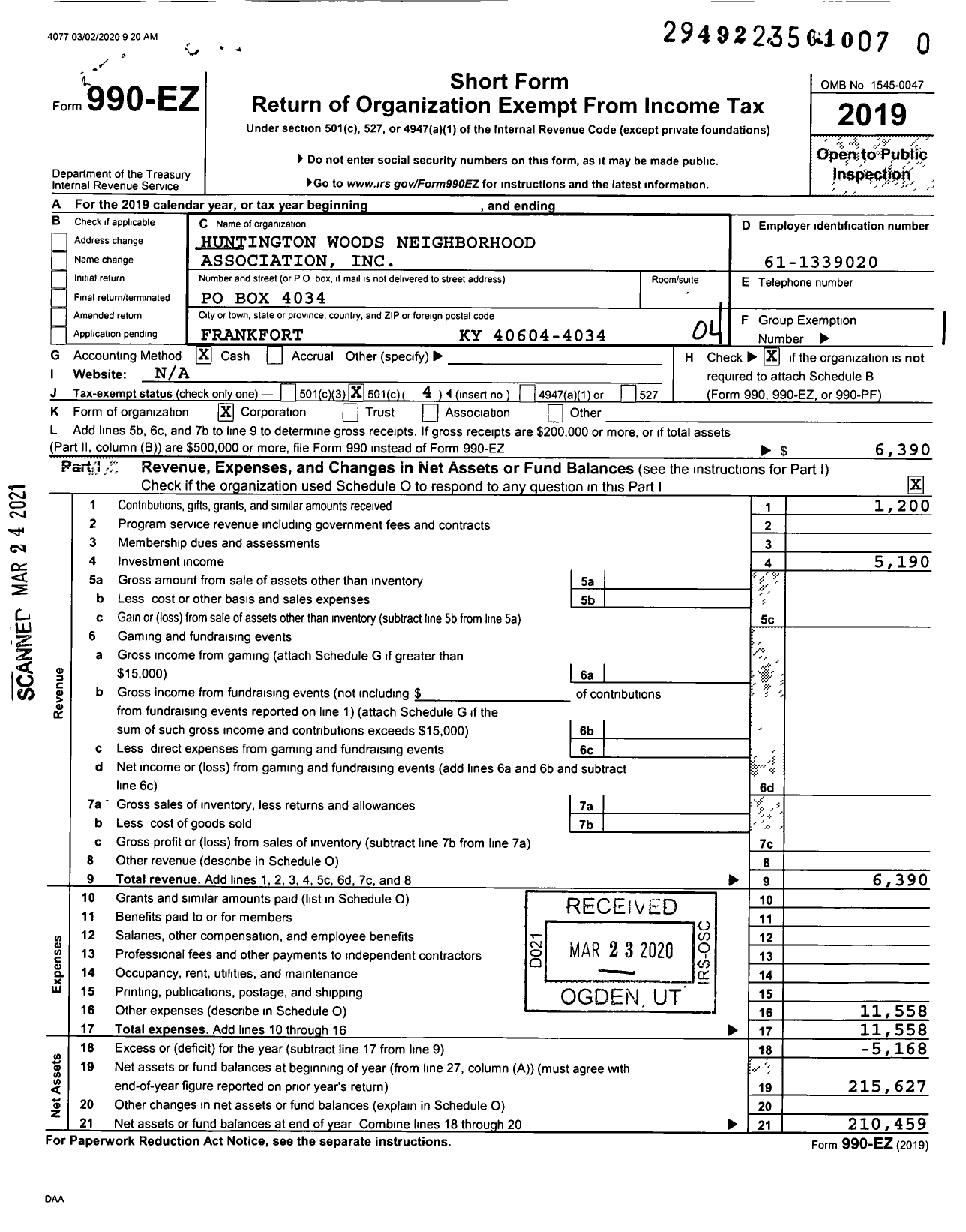 Image of first page of 2019 Form 990EO for Huntington Woods Homeowners Association