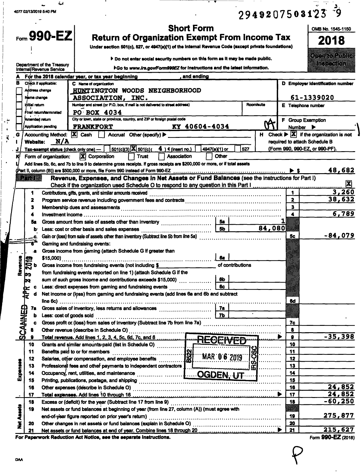 Image of first page of 2018 Form 990EO for Huntington Woods Homeowners Association