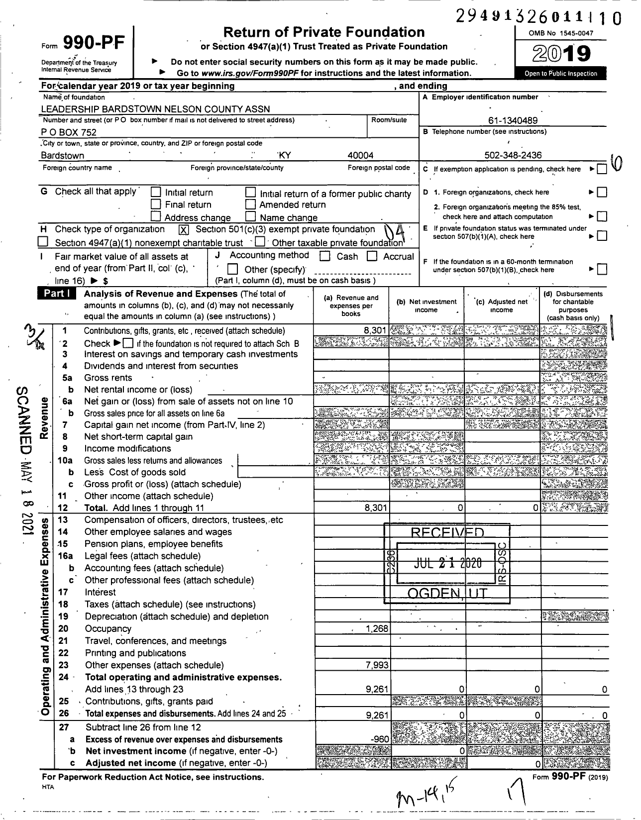 Image of first page of 2019 Form 990PF for Leadership Bardstown-Nelson County Association