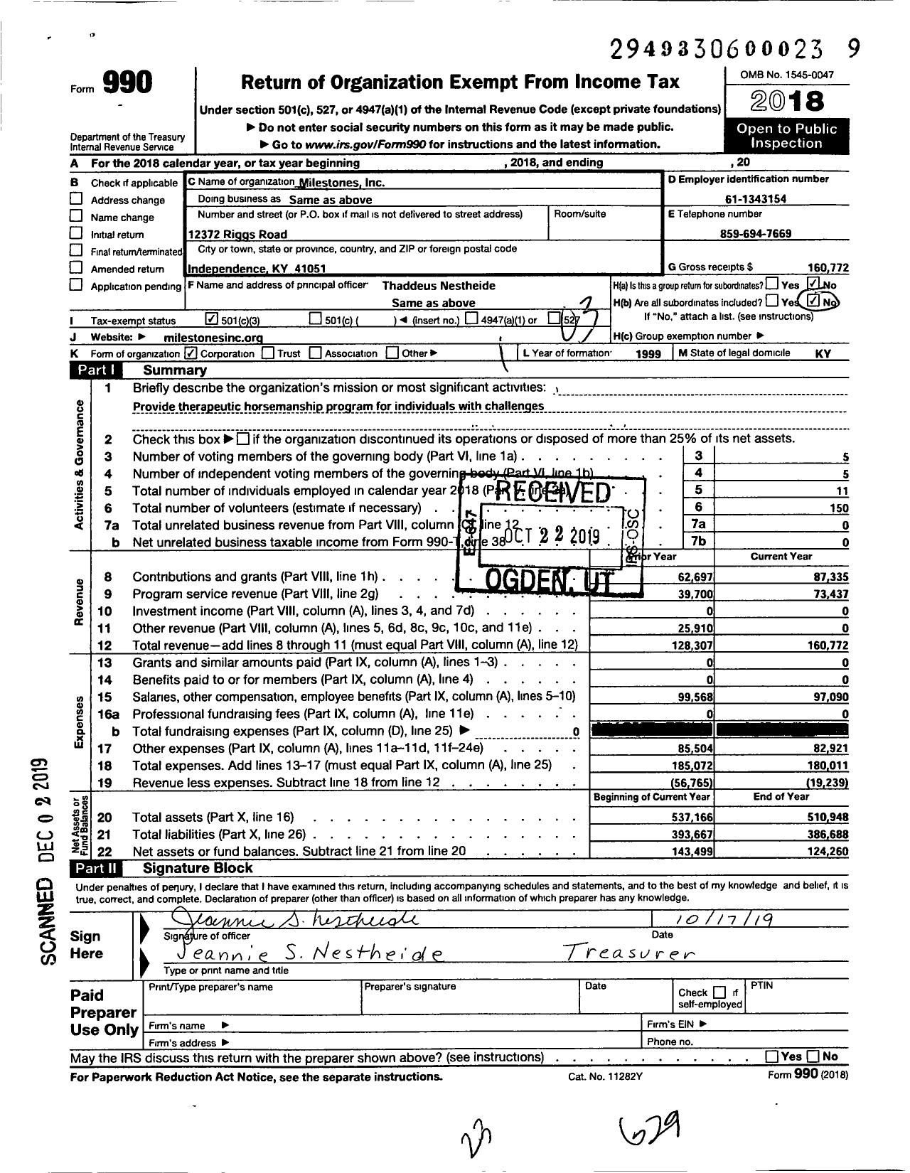 Image of first page of 2018 Form 990 for Milestones