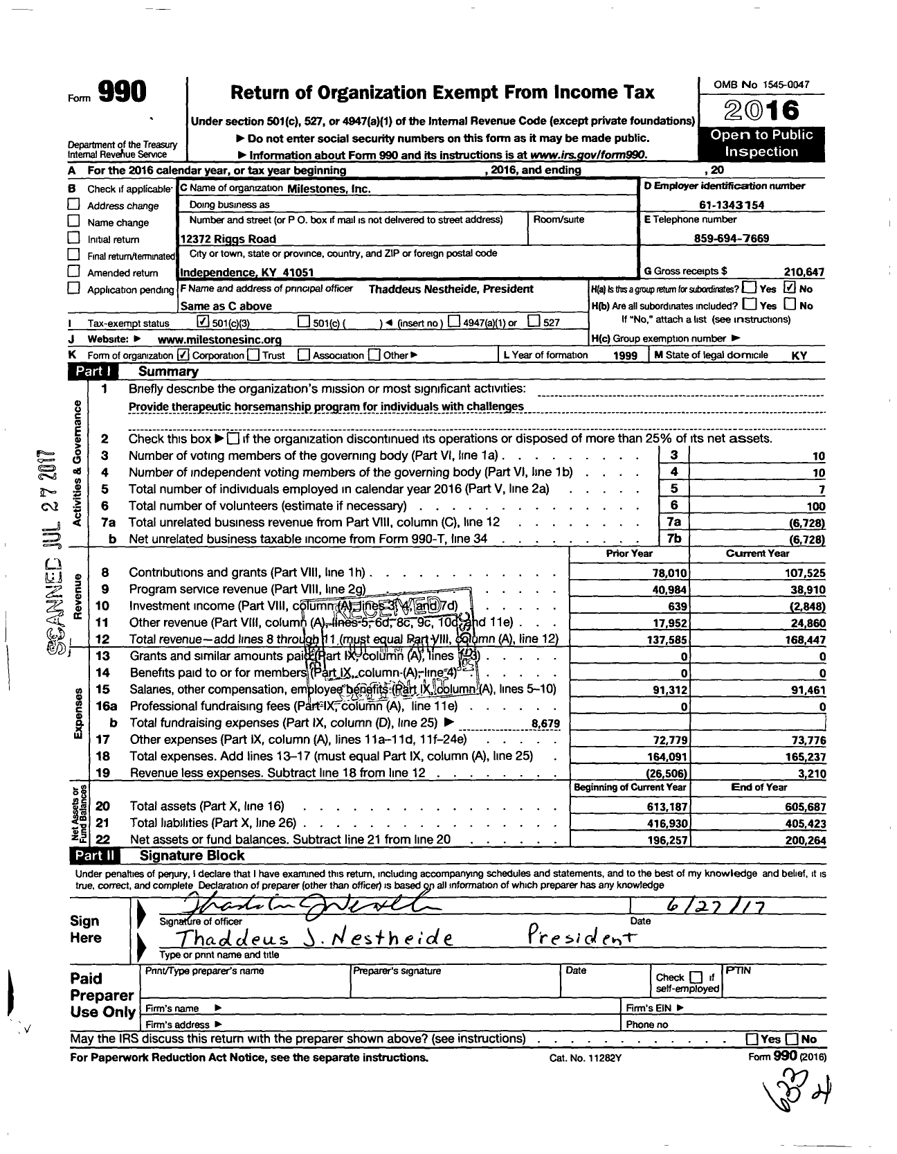 Image of first page of 2016 Form 990 for Milestones