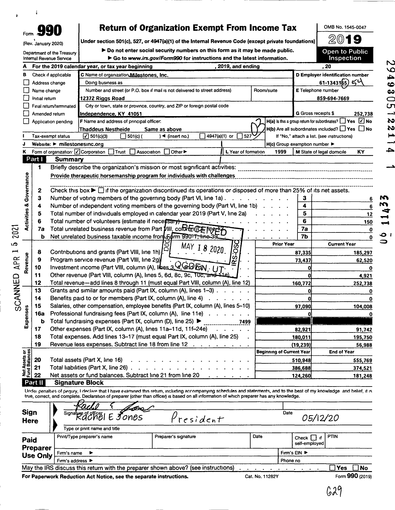 Image of first page of 2019 Form 990 for Milestones