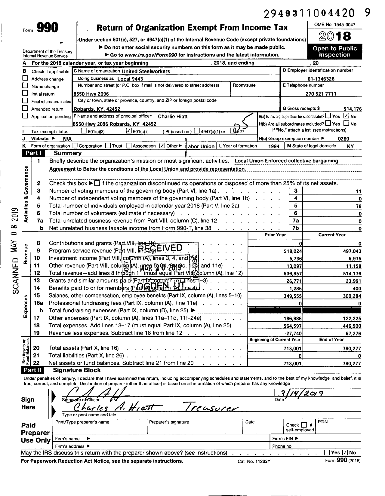 Image of first page of 2018 Form 990O for UNITED STEELWORKERS - Local Union 9443