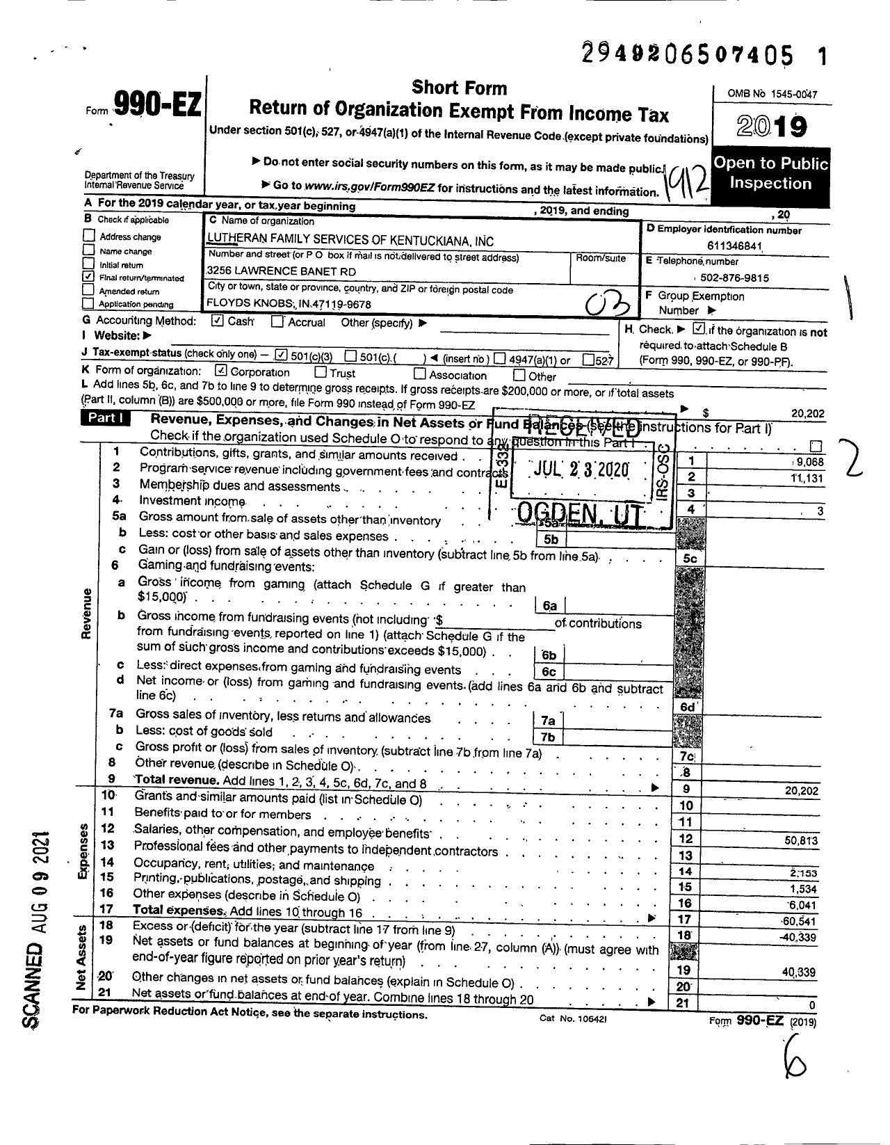Image of first page of 2019 Form 990EZ for Lutheran Family Services of Kentuckiana