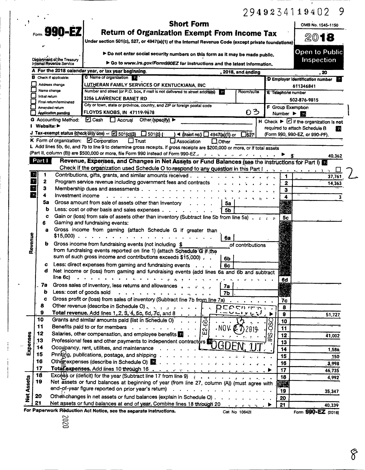 Image of first page of 2018 Form 990EZ for Lutheran Family Services of Kentuckiana