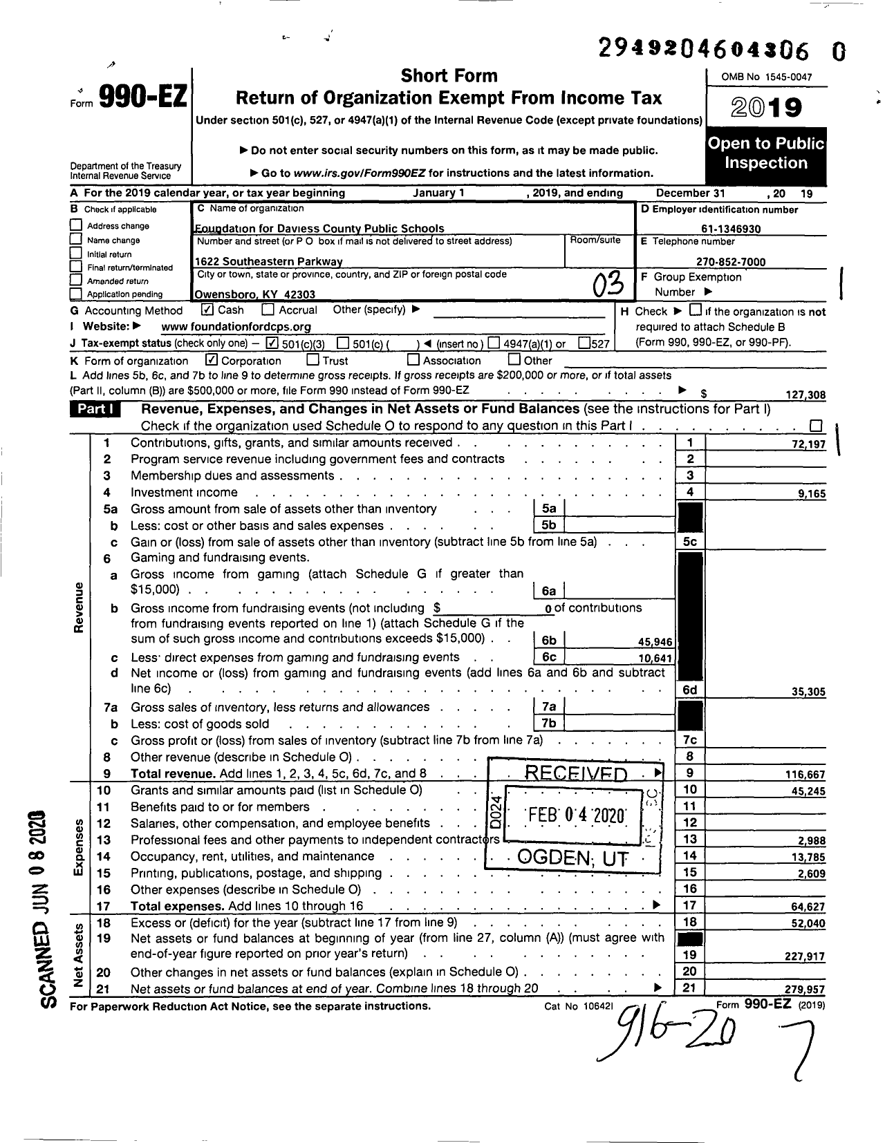 Image of first page of 2019 Form 990EZ for Foundation for Daviess County Public Schools