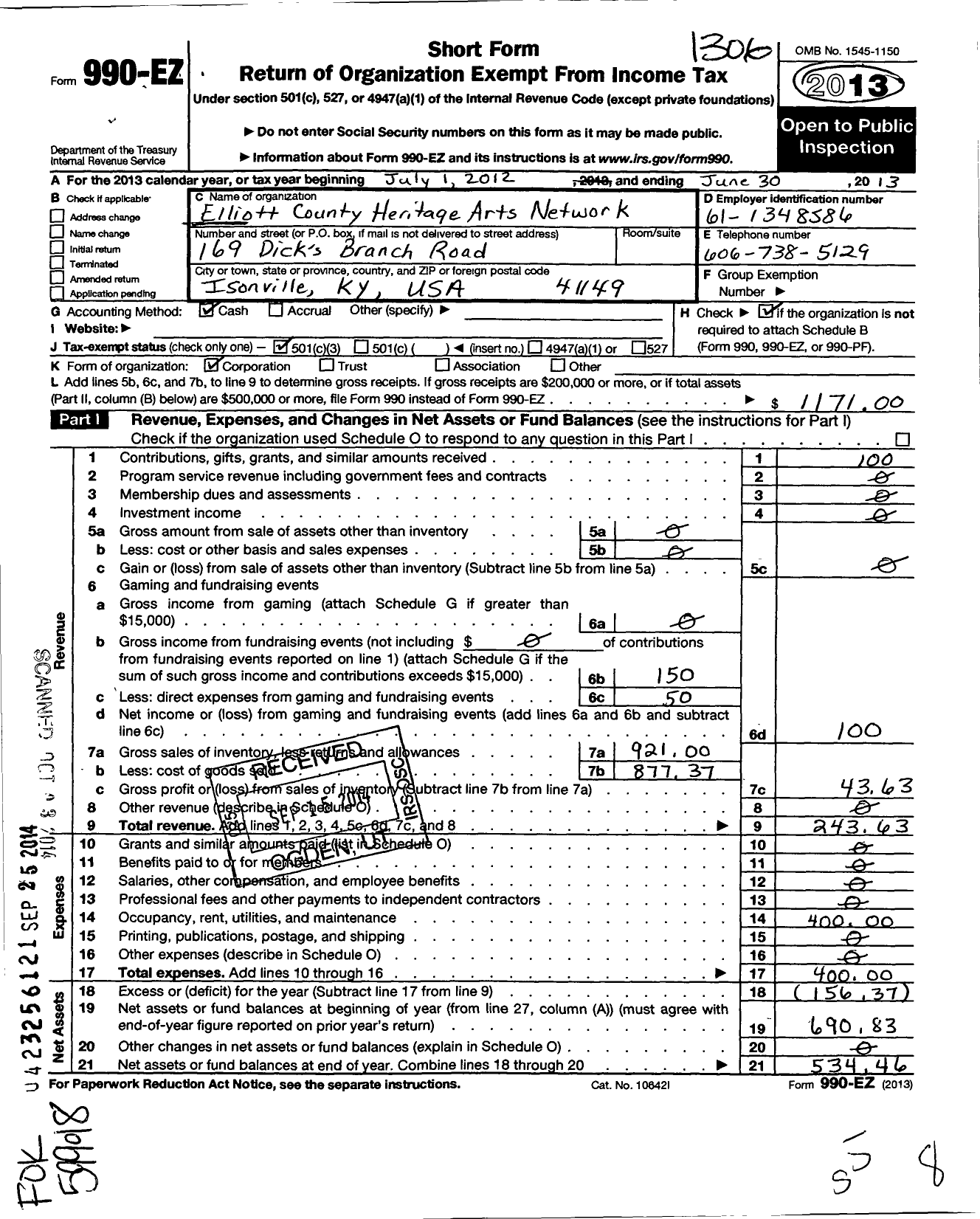 Image of first page of 2012 Form 990EZ for Elliott County Heritage Arts Network