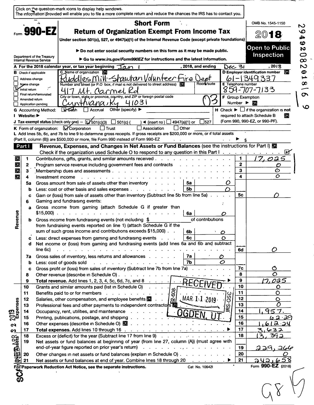 Image of first page of 2018 Form 990EZ for Ruddles Mill-Shawhan Volunteer Fire Department