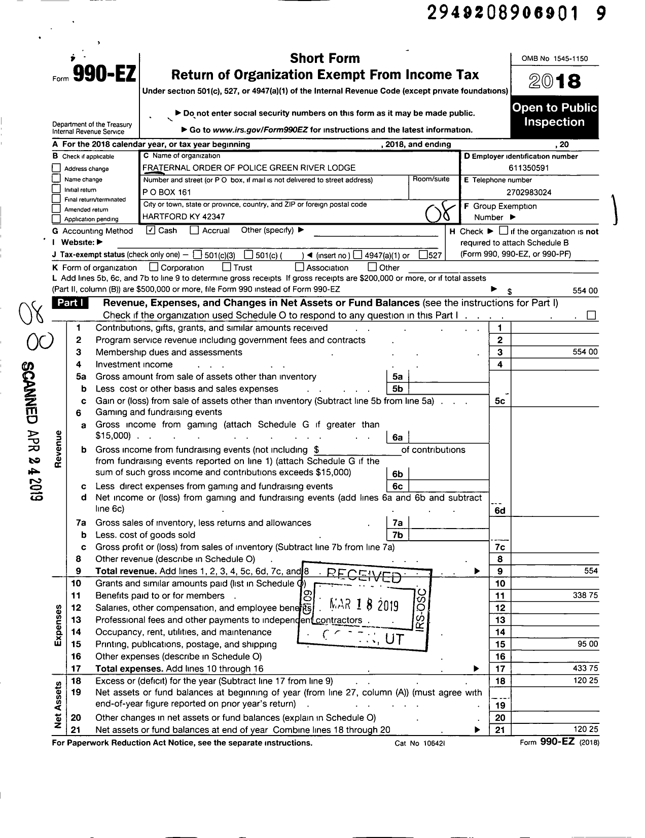 Image of first page of 2018 Form 990EO for Fraternal Order of Police - 66 Green River Lodge