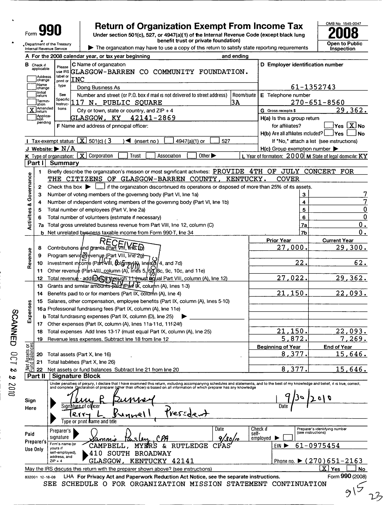 Image of first page of 2008 Form 990 for Glasgow-Barren County Community Foundation