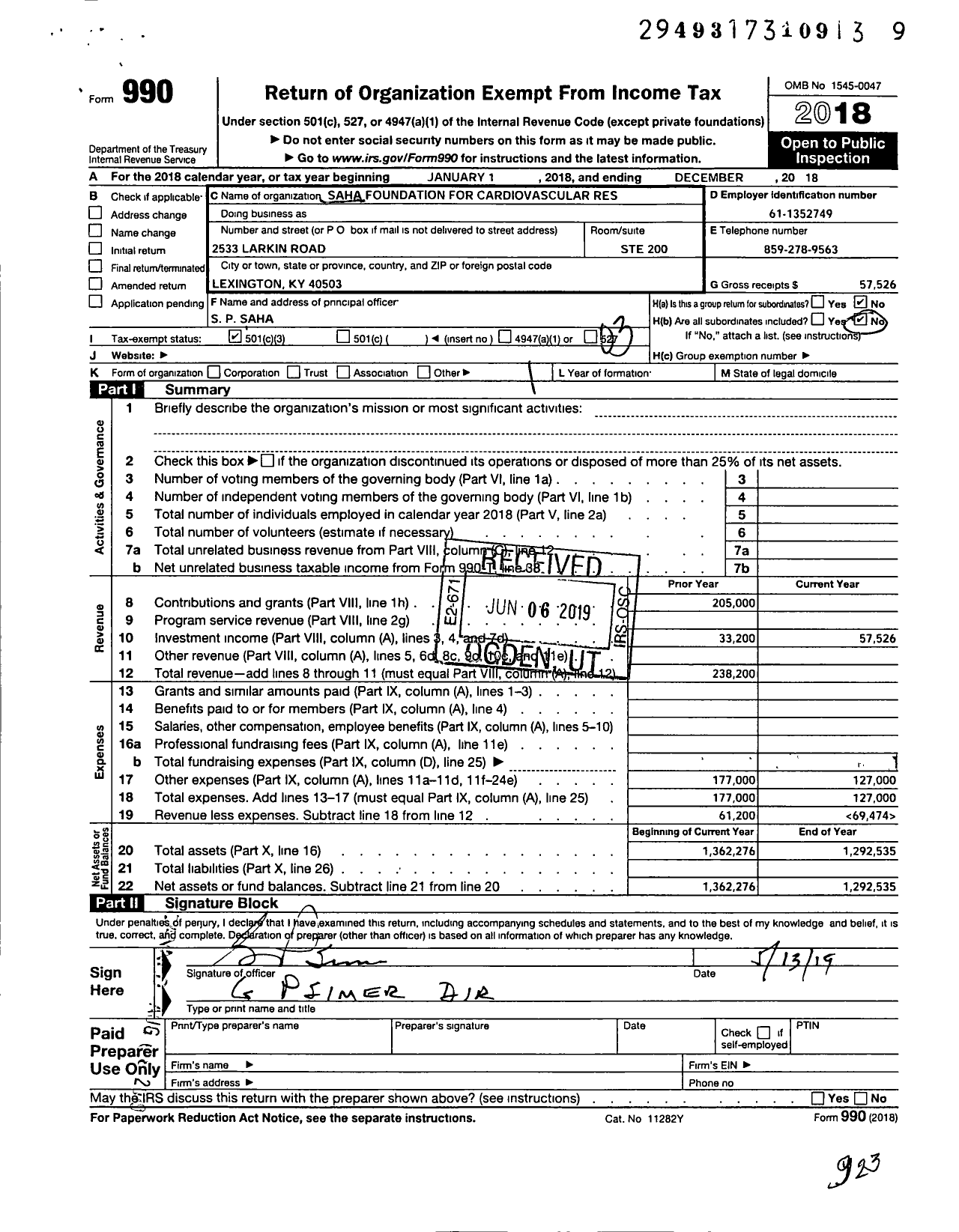 Image of first page of 2018 Form 990 for Saha Foundation for Cardiovasculer Research