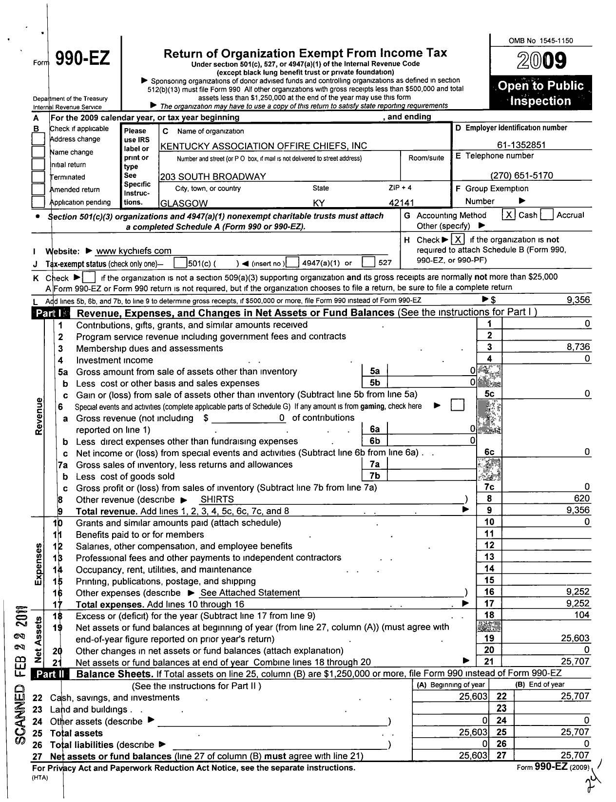 Image of first page of 2009 Form 990EO for Kentucky Association of Fire Chiefs