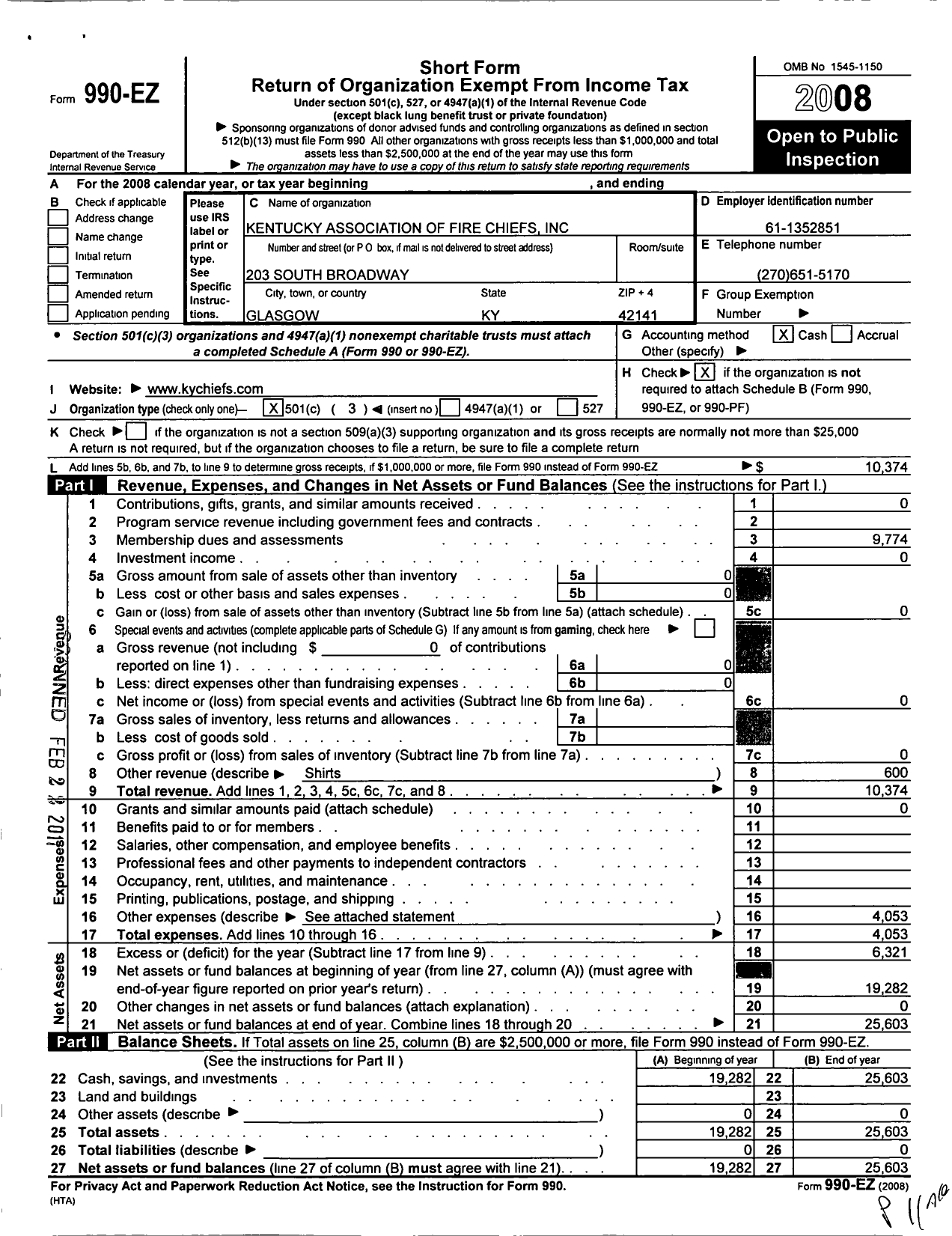 Image of first page of 2008 Form 990EZ for Kentucky Association of Fire Chiefs