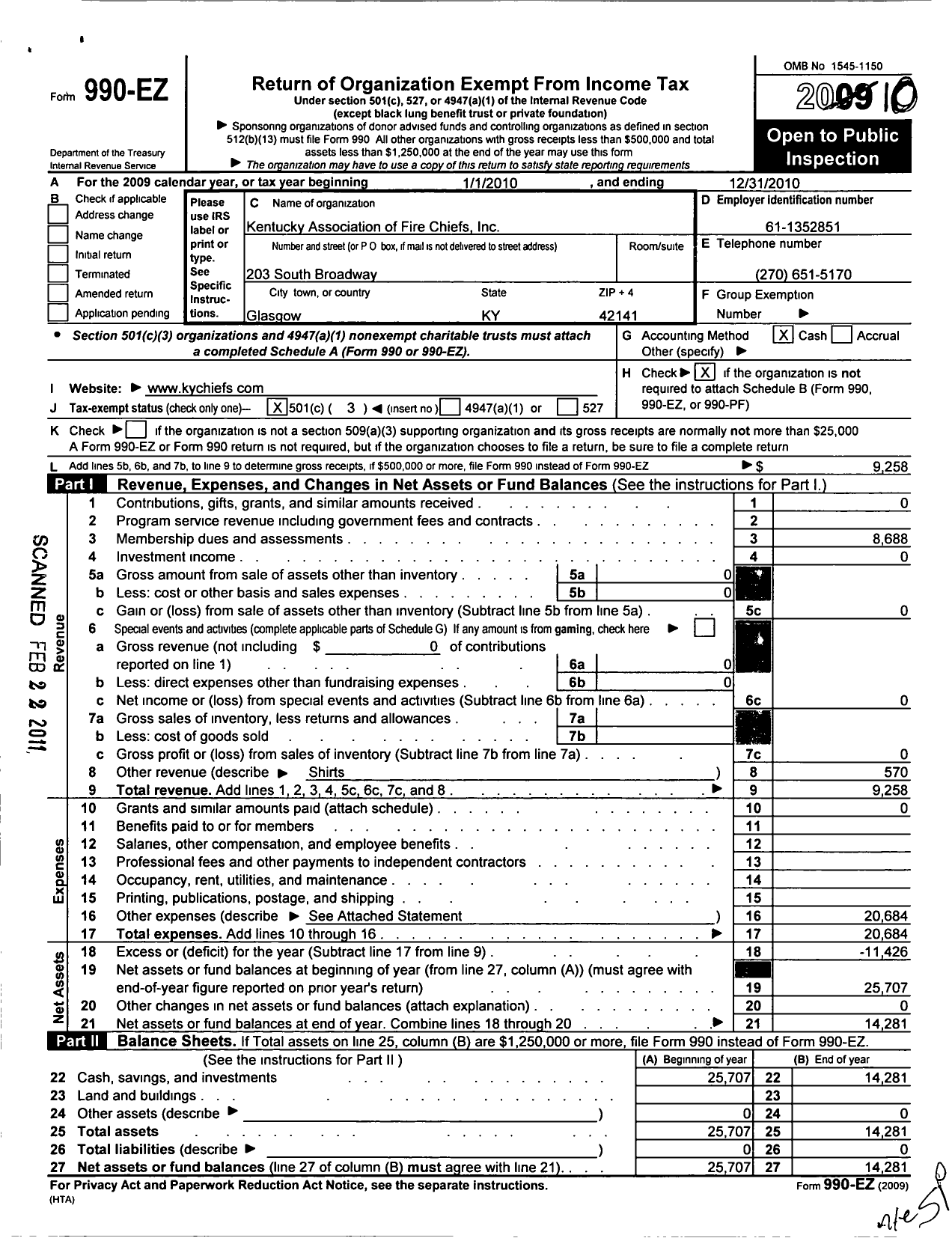 Image of first page of 2010 Form 990EZ for Kentucky Association of Fire Chiefs