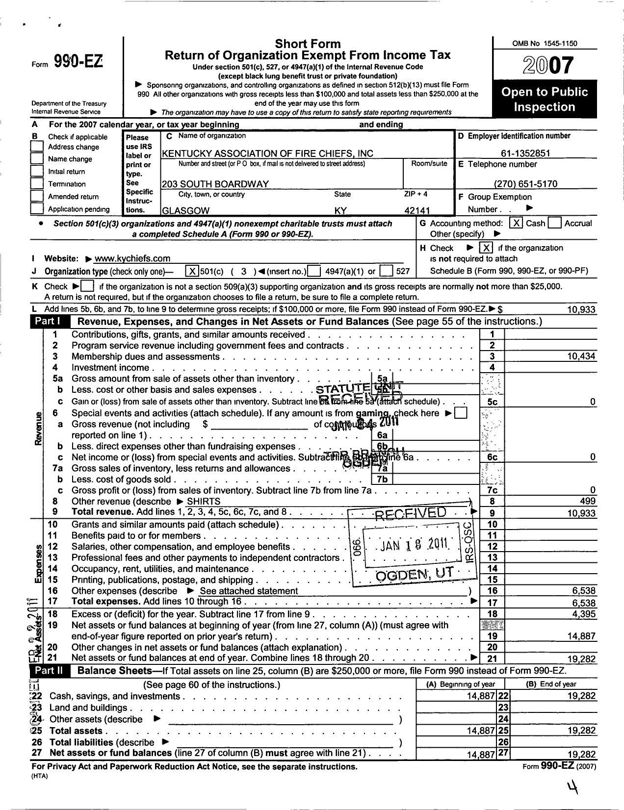 Image of first page of 2007 Form 990EZ for Kentucky Association of Fire Chiefs