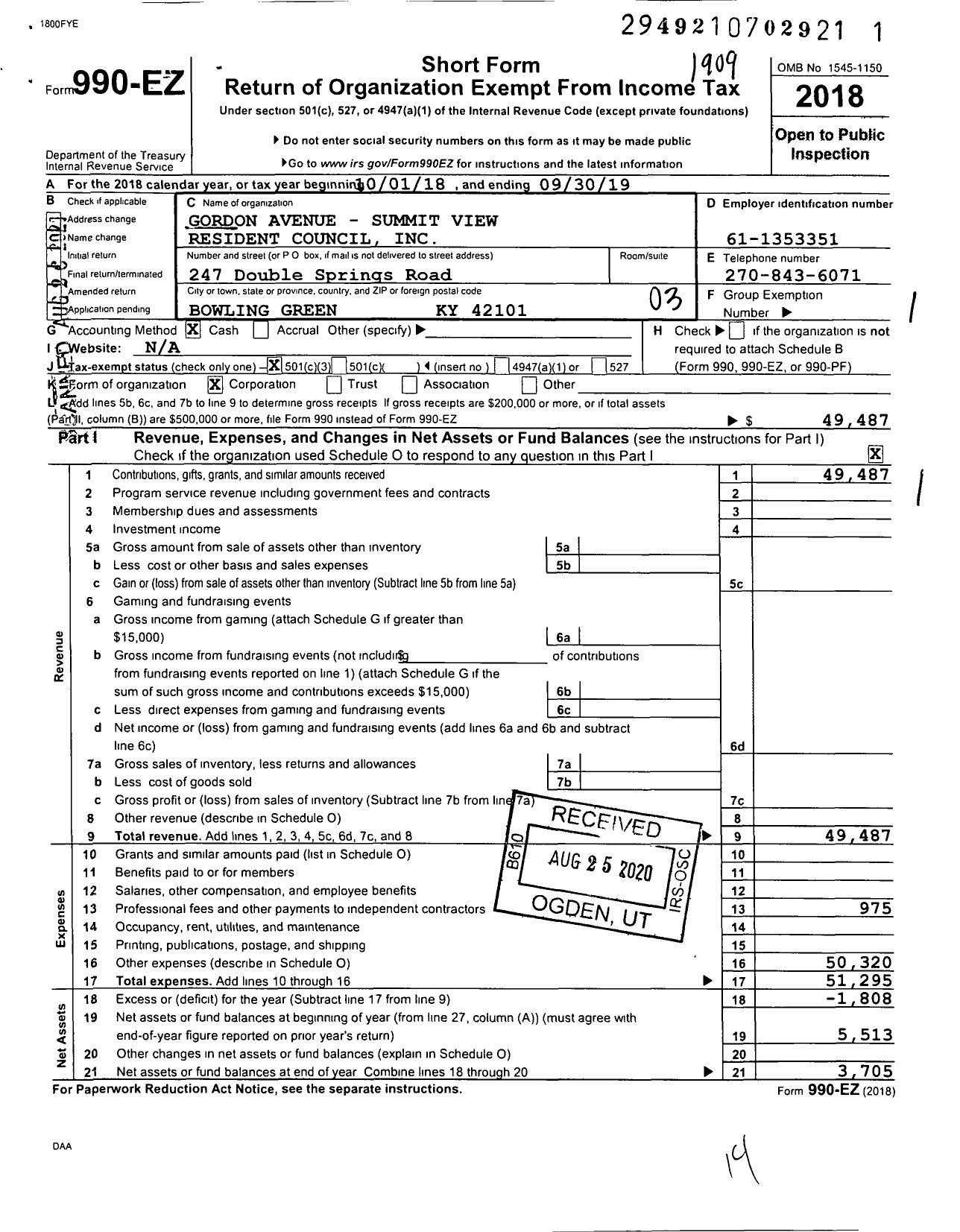 Image of first page of 2018 Form 990EZ for Gordon Avenue - Summit View Resident Council