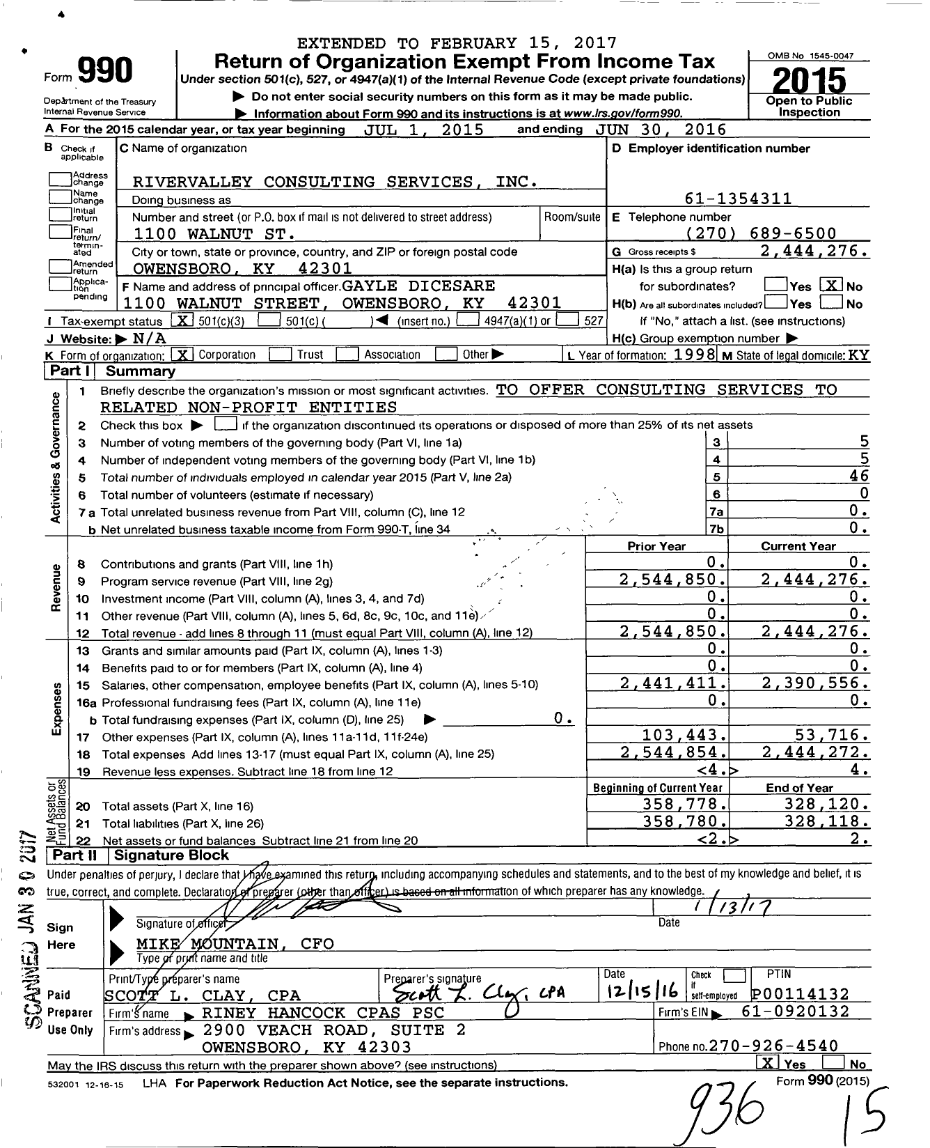 Image of first page of 2015 Form 990 for Rivervalley Consulting Services