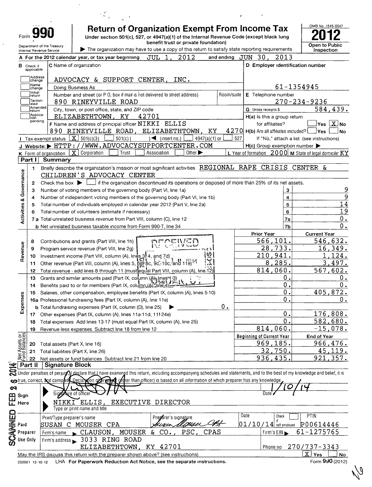 Image of first page of 2012 Form 990 for Silverleaf Sexual Trauma Recovery Services