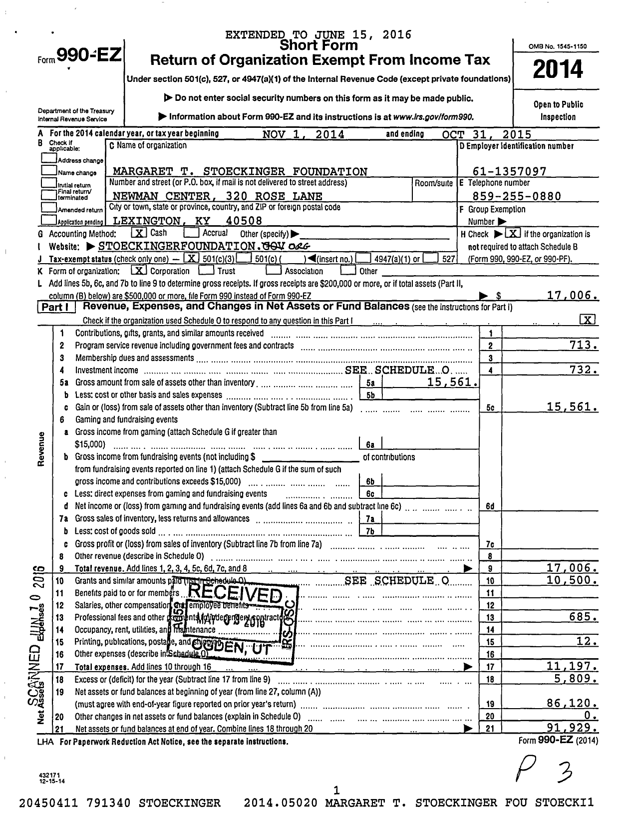 Image of first page of 2014 Form 990EZ for Margaret T Stoeckinger Foundation