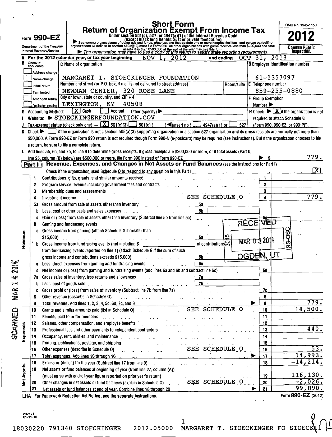 Image of first page of 2012 Form 990EZ for Margaret T Stoeckinger Foundation