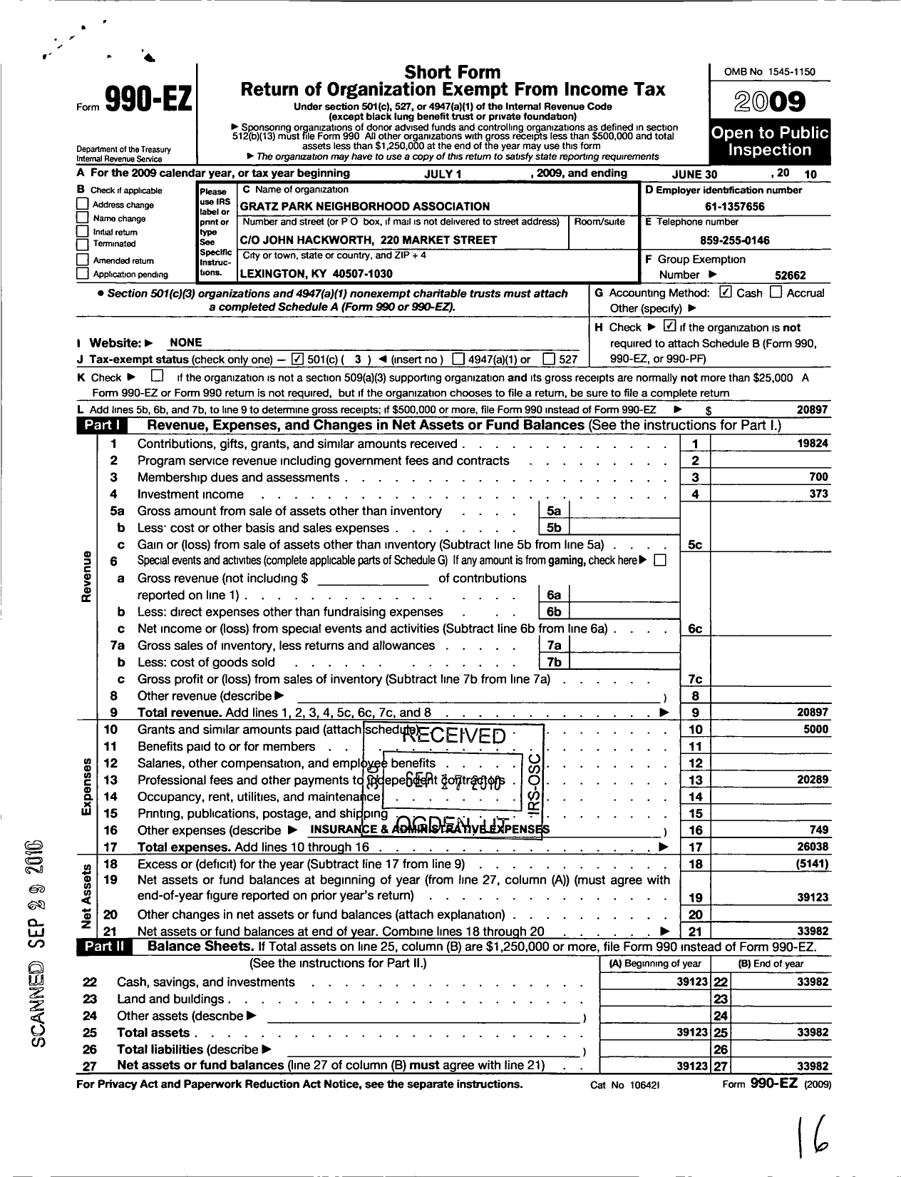 Image of first page of 2009 Form 990EZ for Gratz Park Neighborhood Association