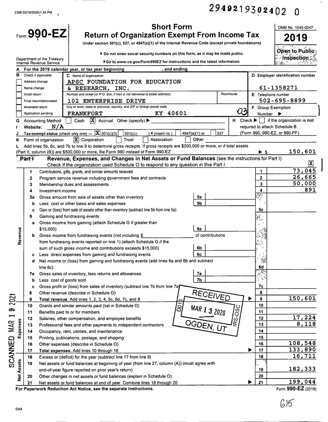 Image of first page of 2019 Form 990EZ for Apsc Foundation for Education and Research