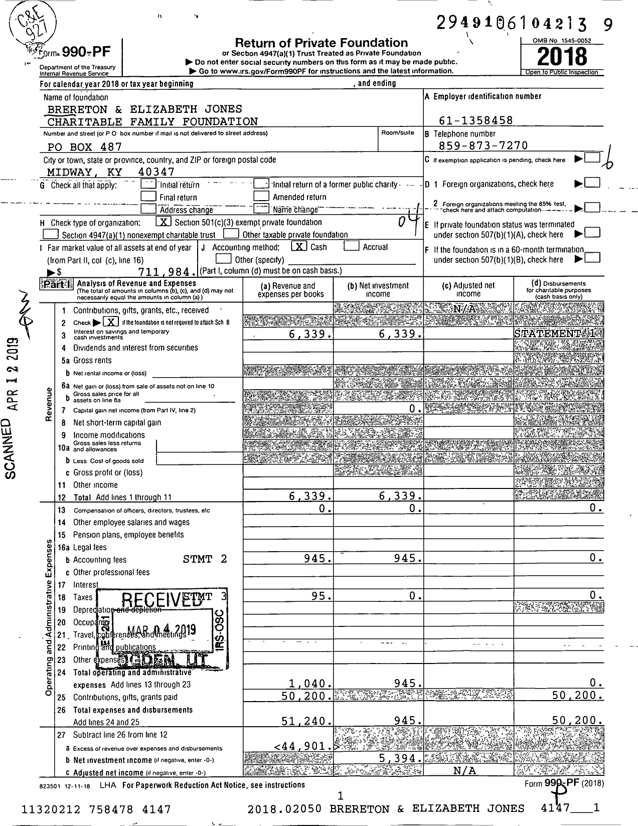 Image of first page of 2018 Form 990PF for Brereton and Elizabeth Jones Charitable Family Foundation