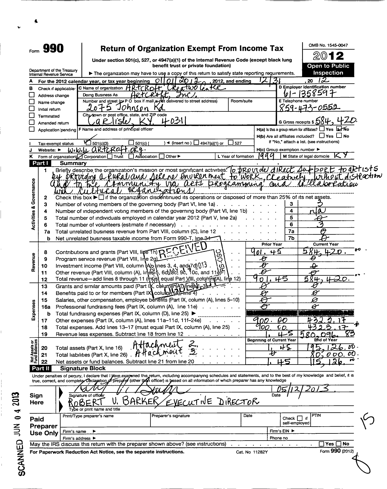 Image of first page of 2012 Form 990 for Artcroft